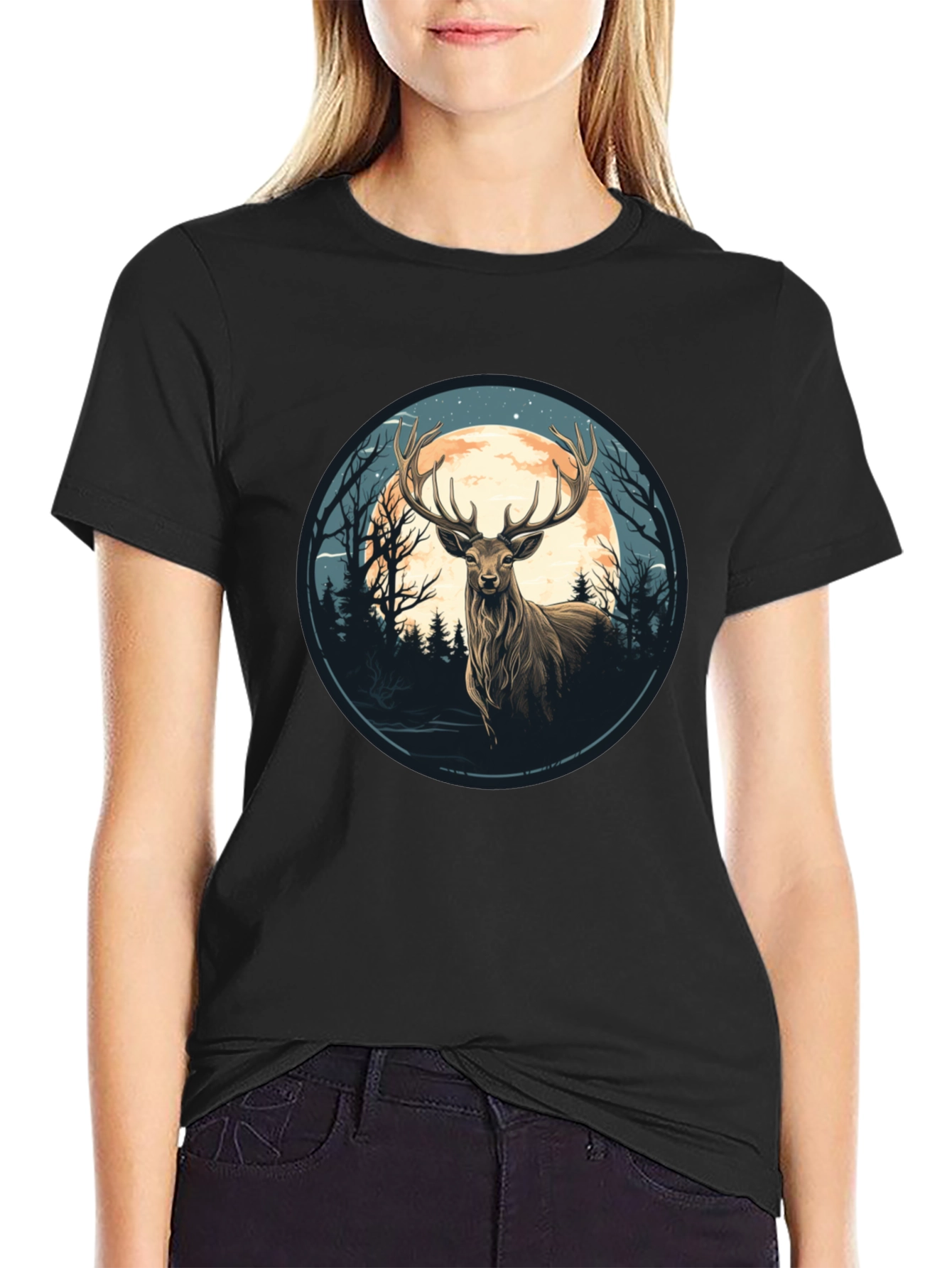 Black Deer Moon Graphic Tee - Nature Inspired Black T-Shirt view 2