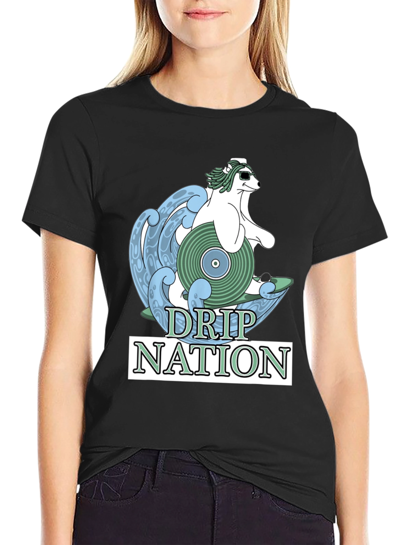 Black Drip Nation Polar Bear Surfing T-Shirt view 2
