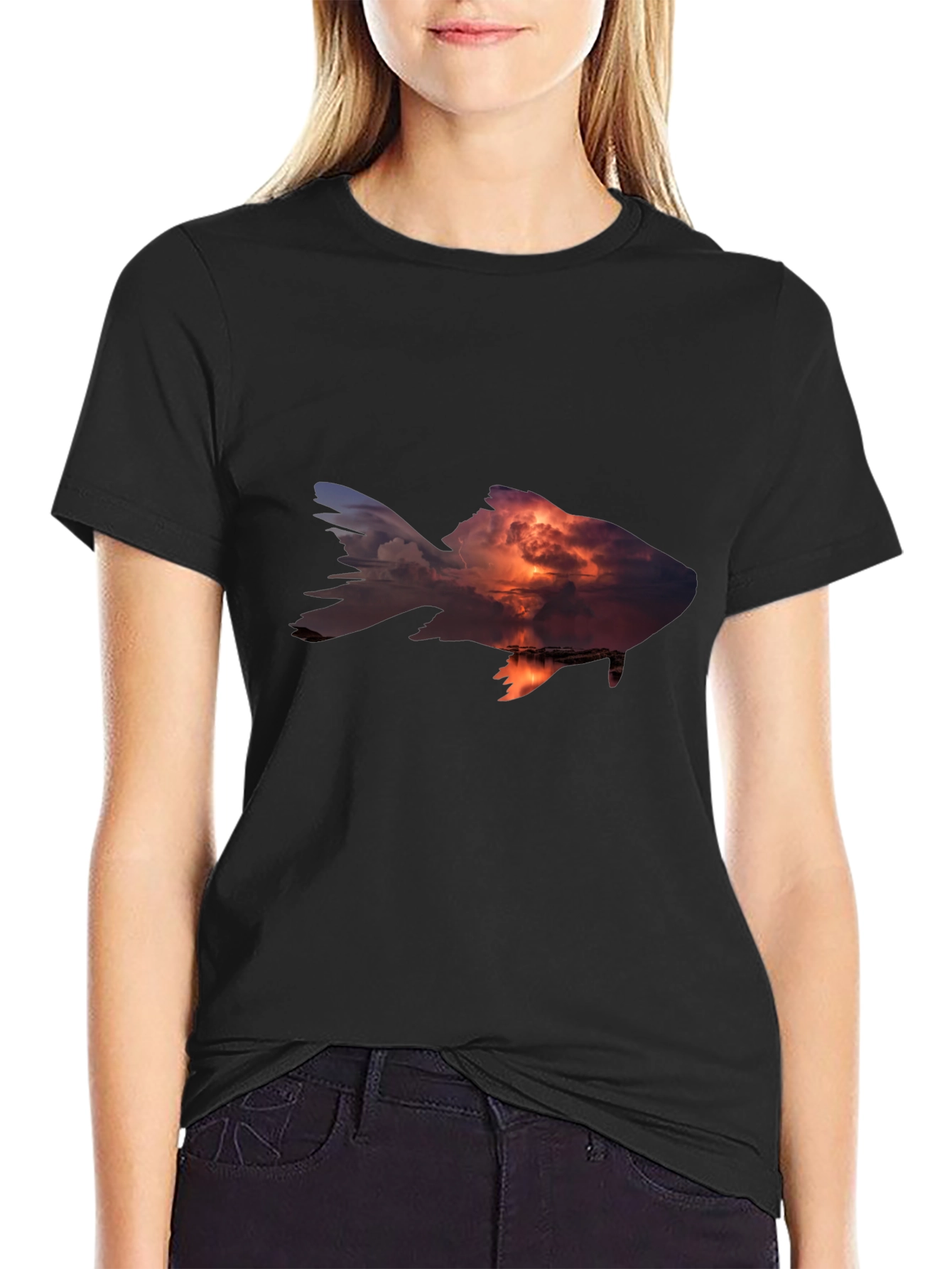 Black Sunset Fish Graphic Tee - Stylish Men's Black T-Shirt view 2
