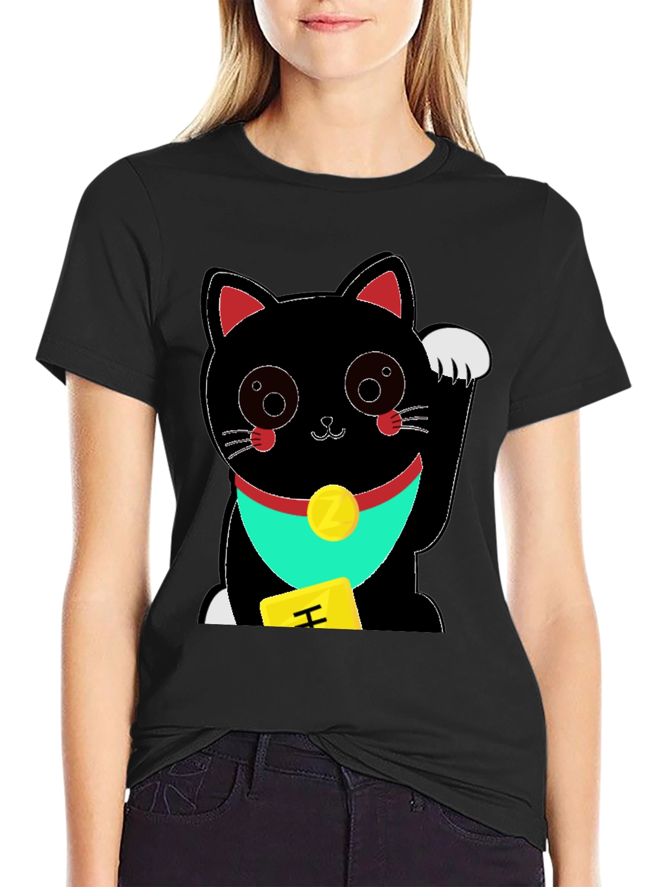Black Lucky Cat Graphic Tee - Soft Black Cotton T-Shirt view 2