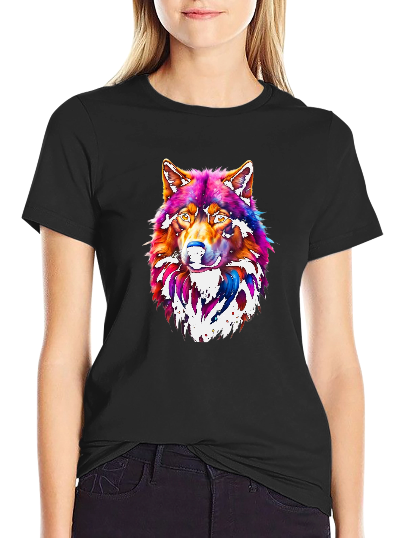 Black Vibrant Wolf Graphic Tee - Men's Black T-Shirt view 2