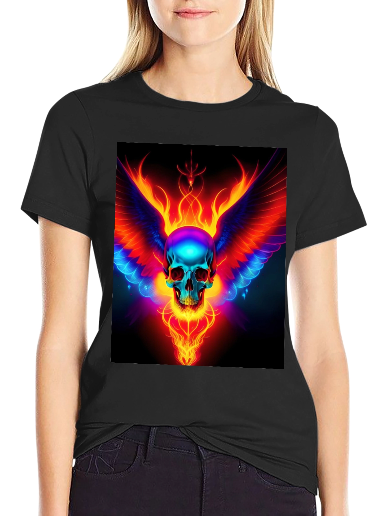 Black Flaming Skull Wings Graphic Black T-Shirt view 2