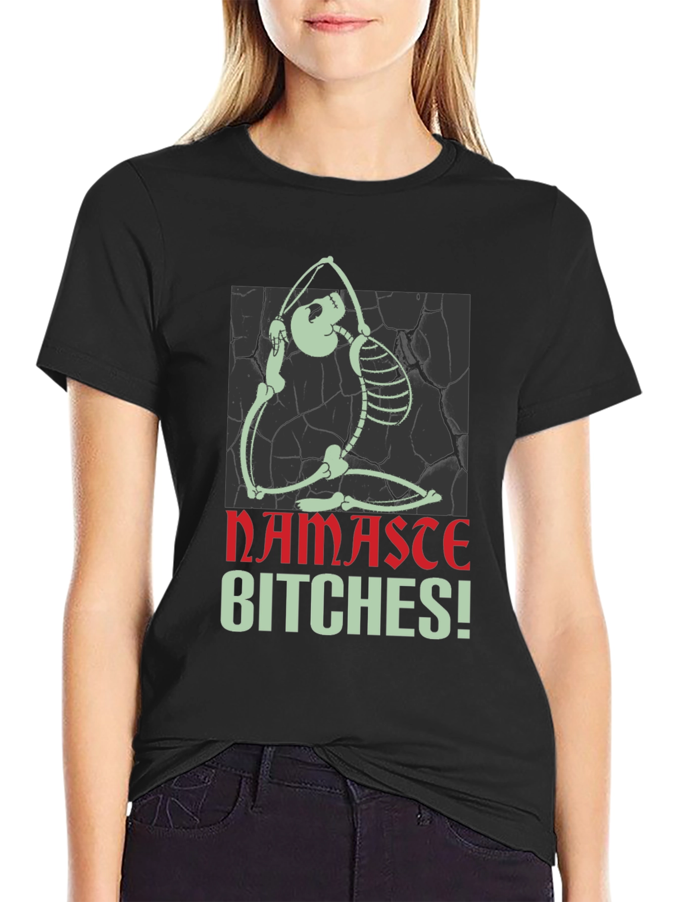 Black Yoga Skeleton Graphic Tee - Namaste Bitches! view 2