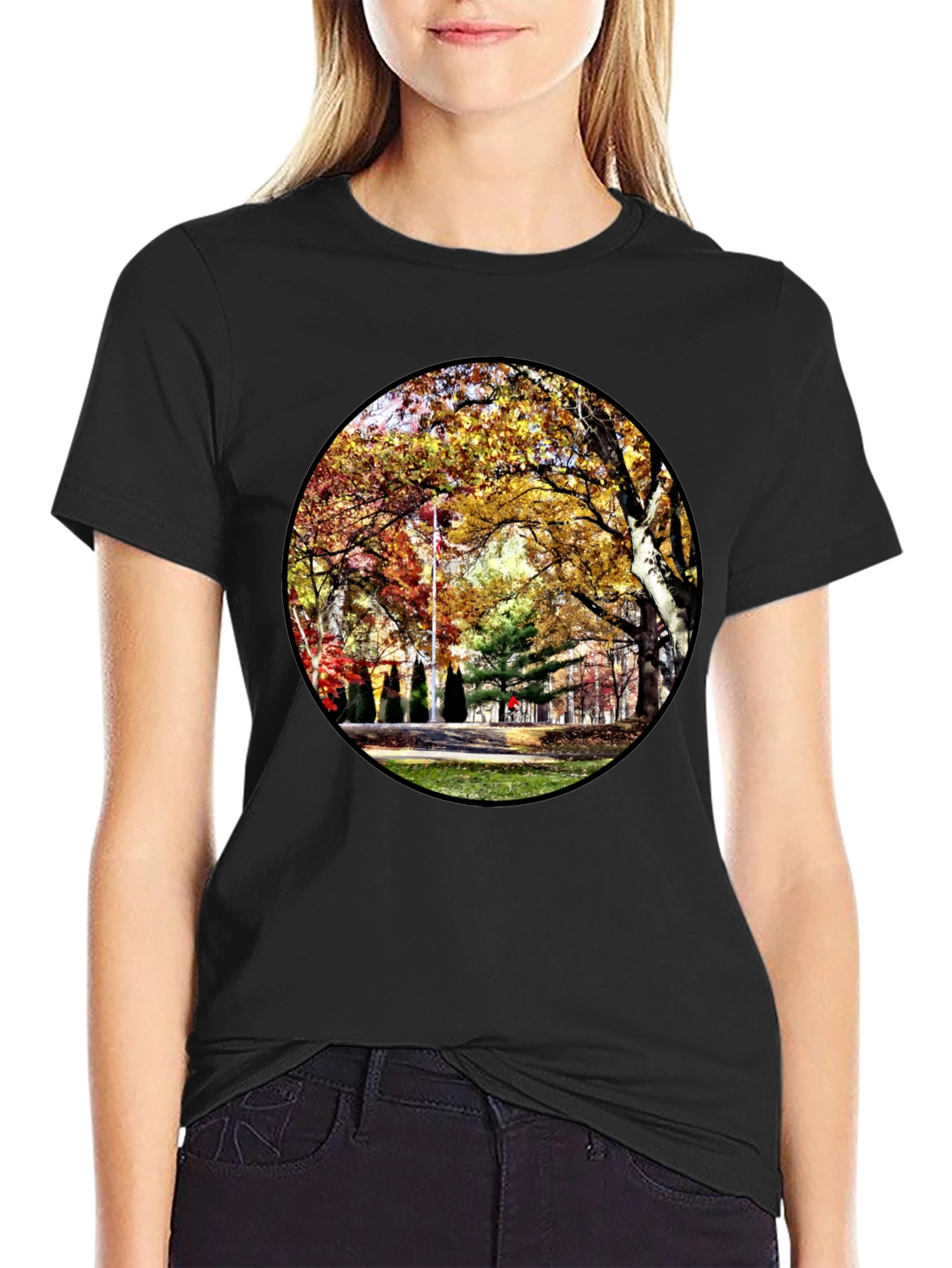 Black Autumn Park Scene Black T-Shirt view 2