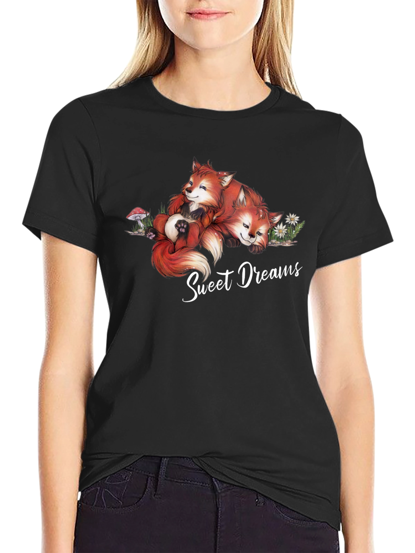 Black Sweet Dreams Foxes Graphic T-Shirt view 2