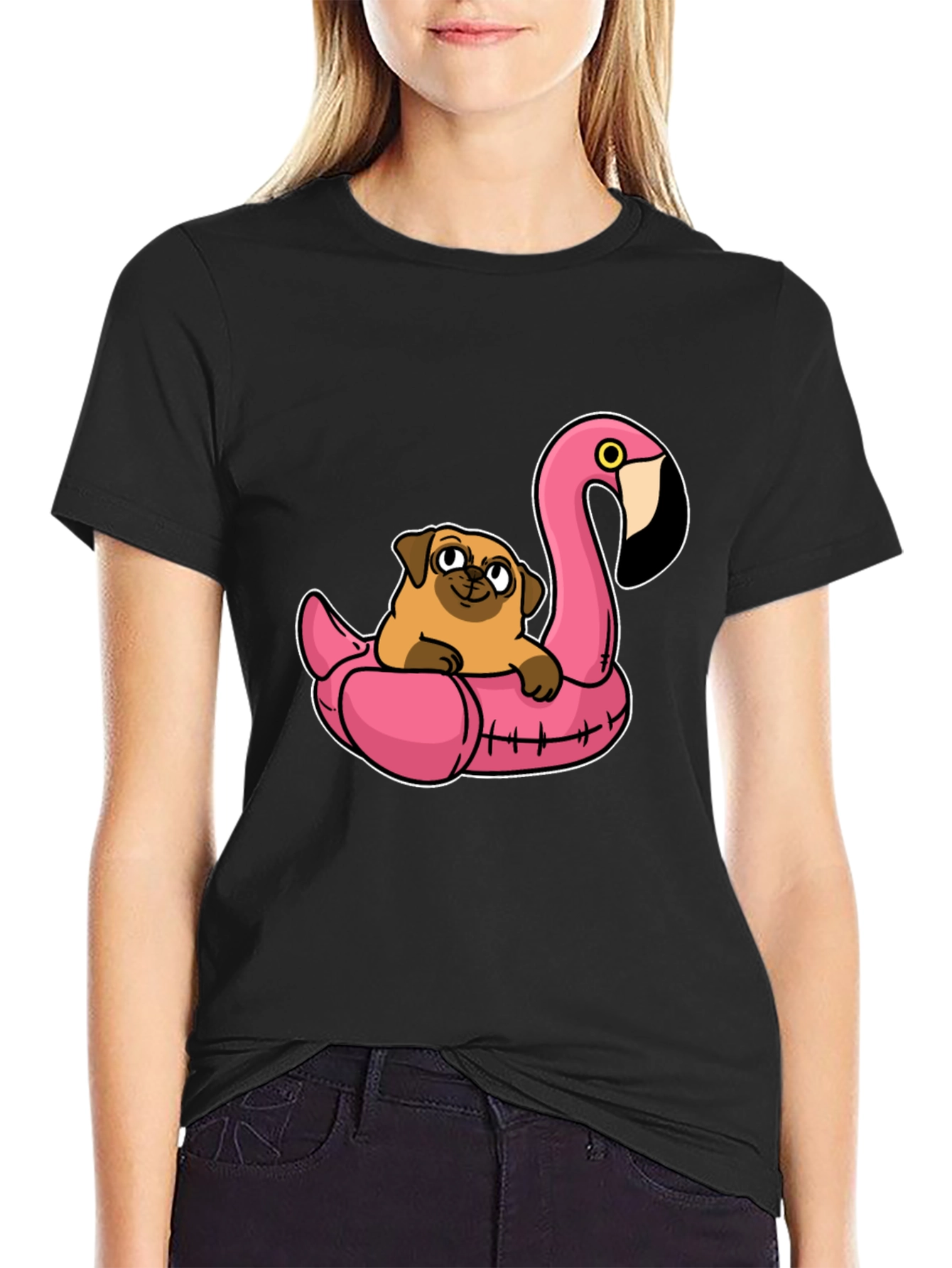 Black Pug on Flamingo Float T-Shirt view 2