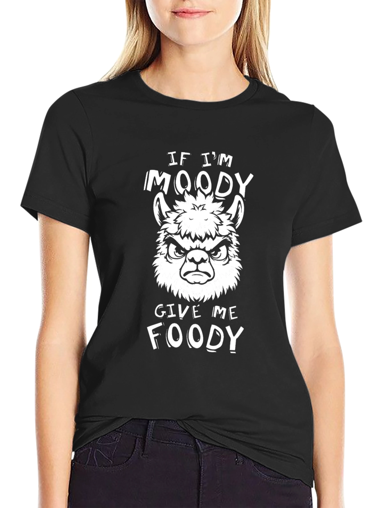 Black Moody Llama Foody Graphic T-Shirt - Funny Novelty Tee view 2