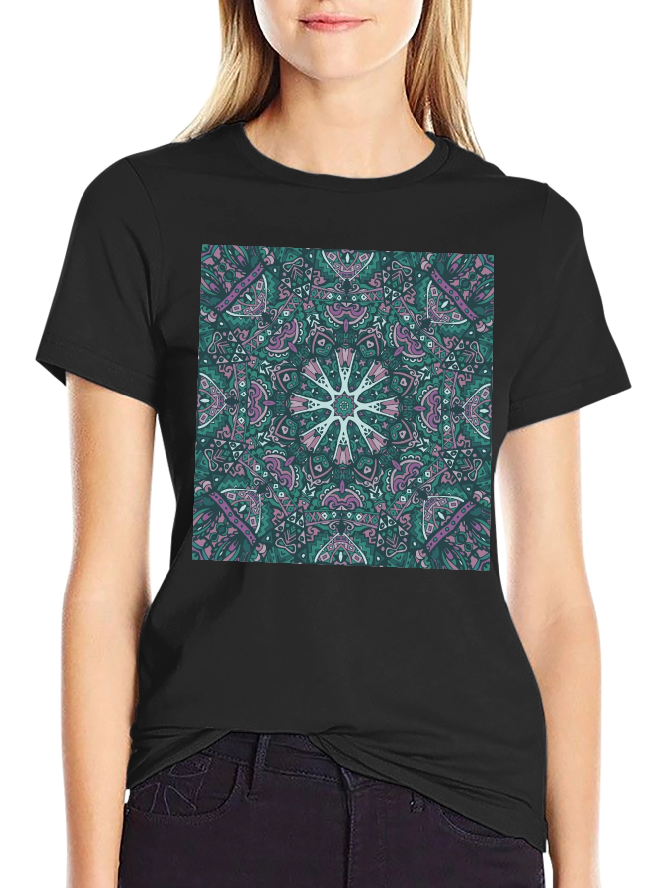 Black Abstract Mandala Print Black T-Shirt view 2