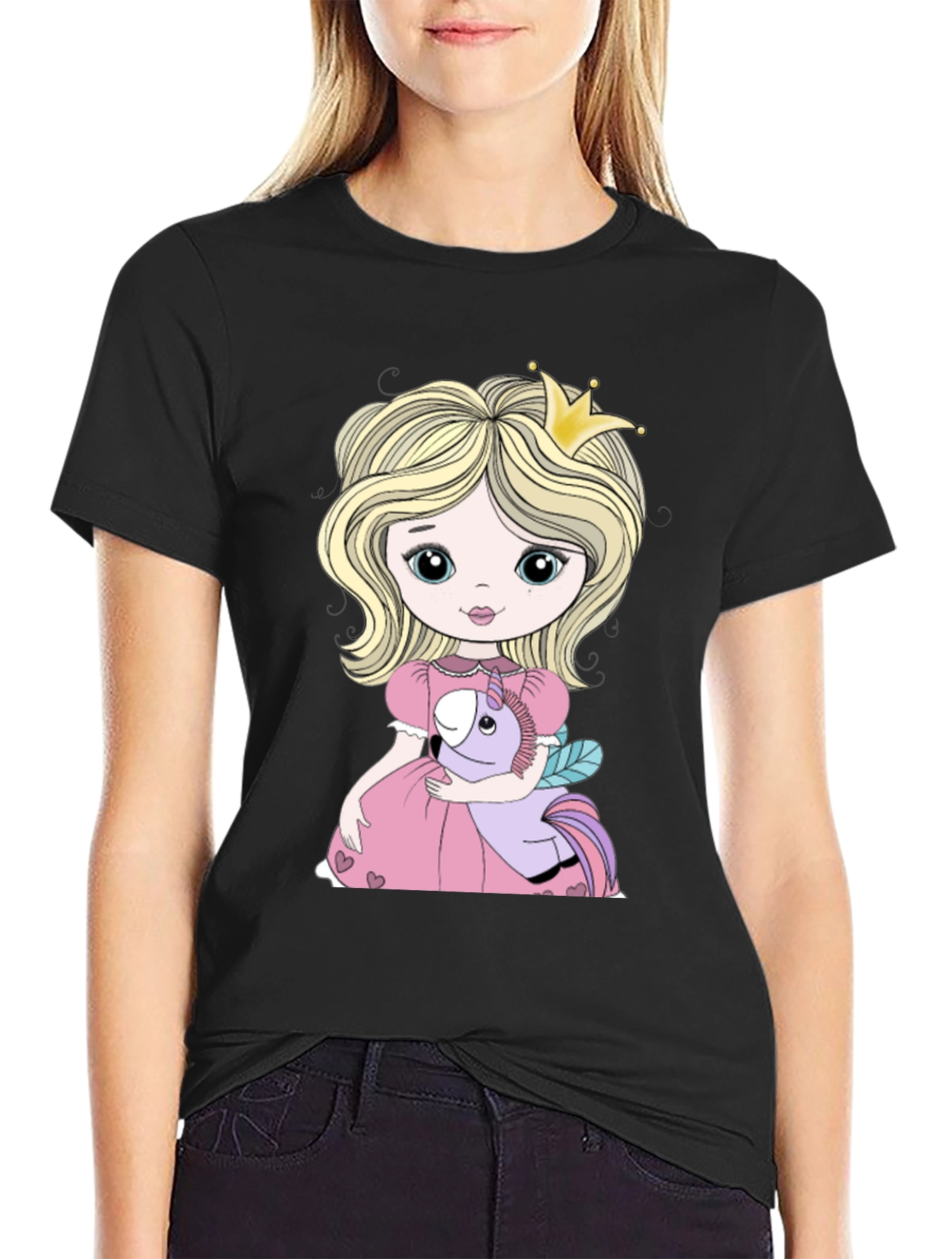 Black Princess Girl with Unicorn Toy Graphic T-Shirt view 2
