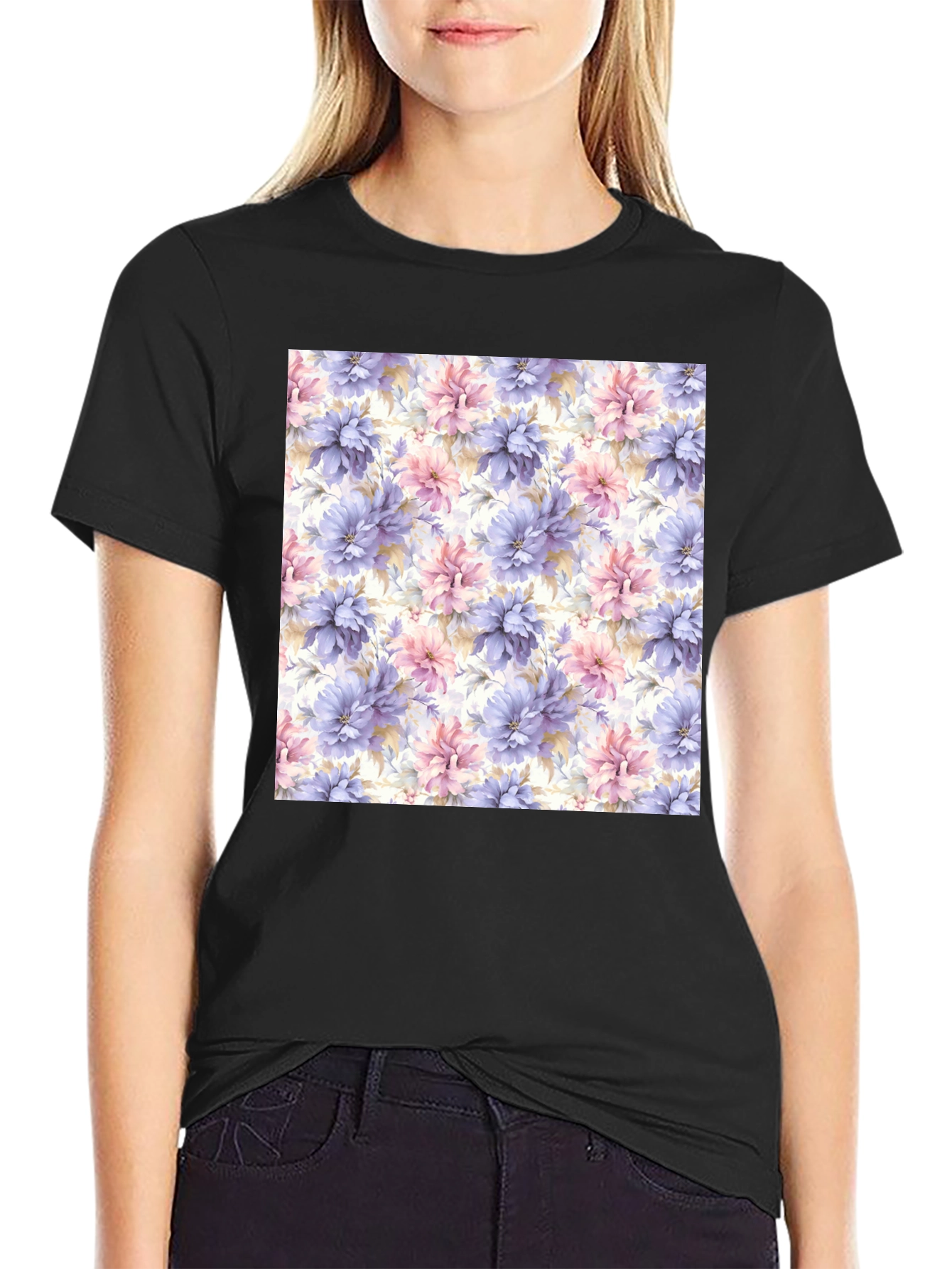 Black Floral Pattern Black T-Shirt view 2