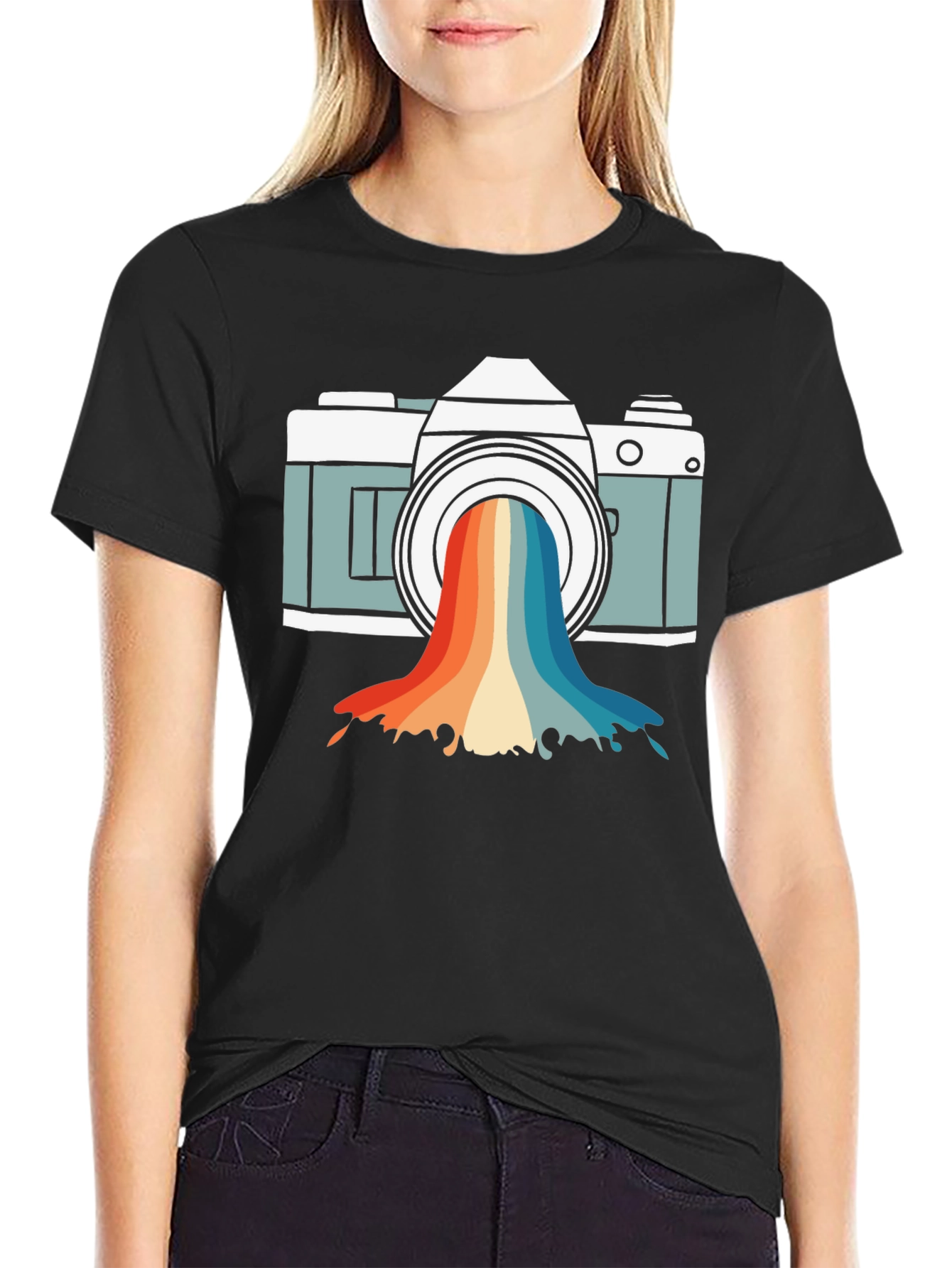 Black Retro Camera Rainbow Graphic Tee view 2