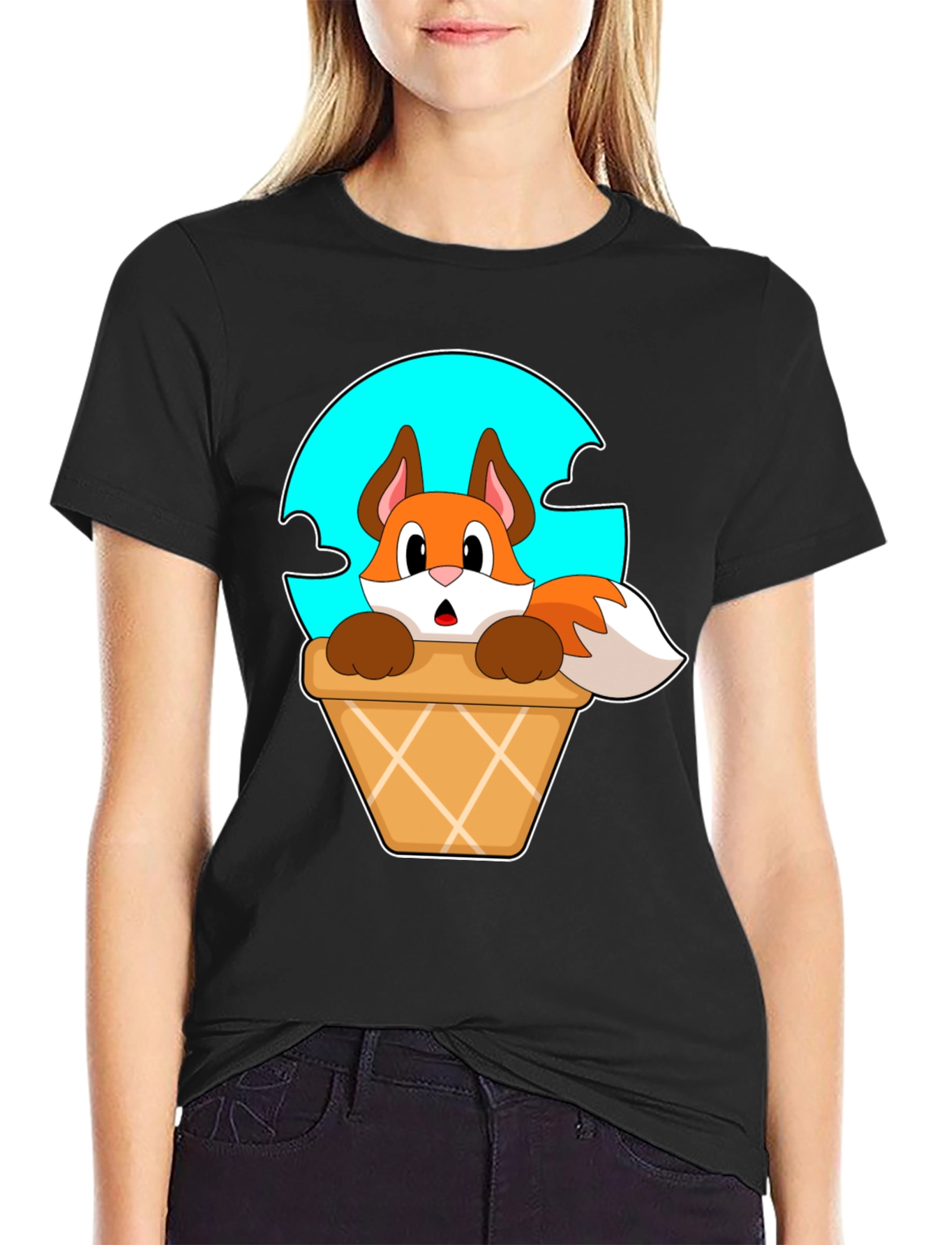 Black Fox in Ice Cream Cone T-Shirt - Cartoon Animal Tee view 2