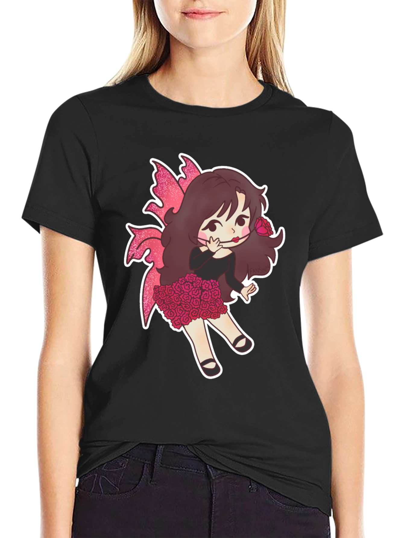 Black Whimsical Fairy Girl Graphic T-Shirt view 2