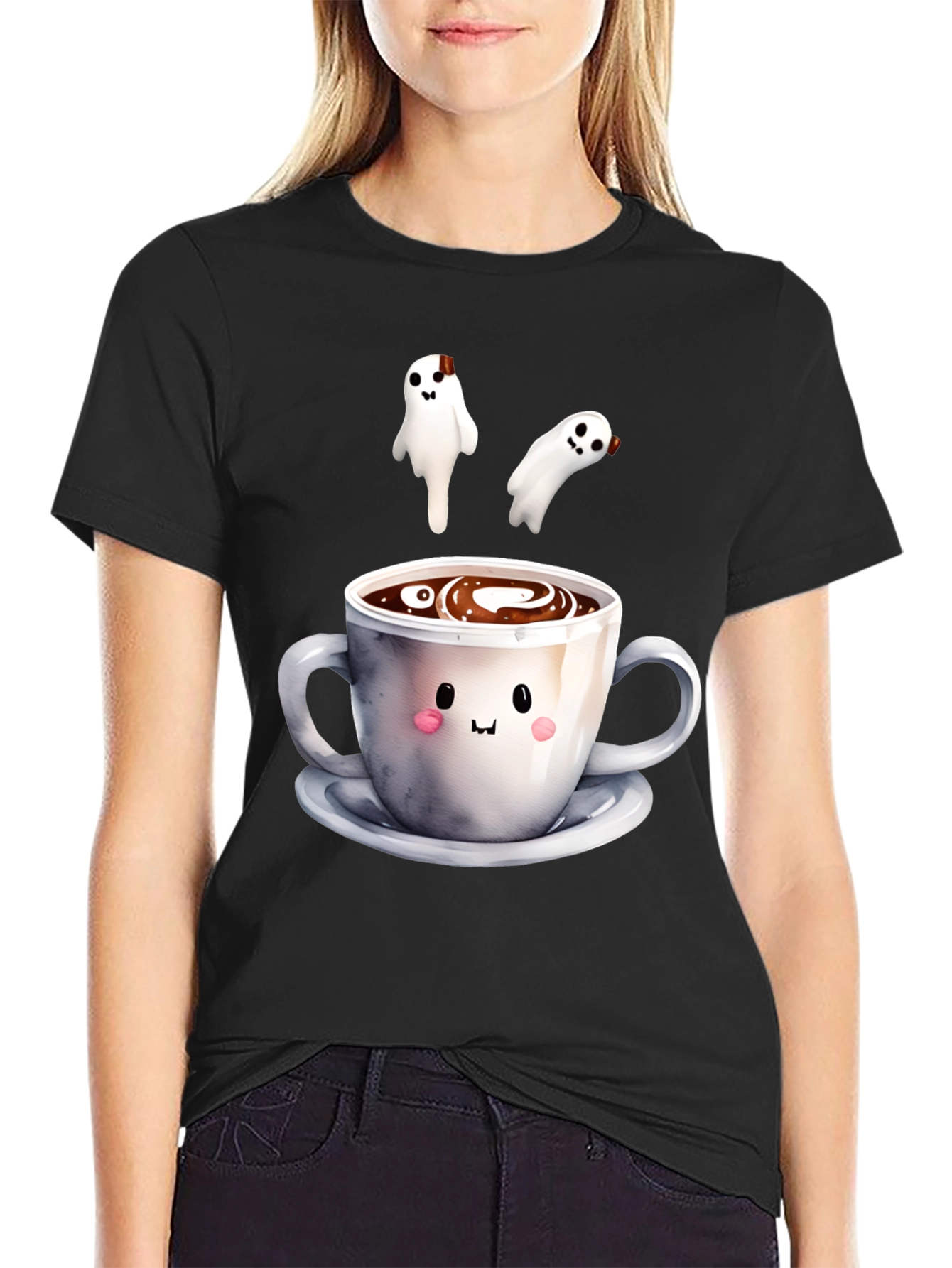 Black Cute Ghost Coffee T-Shirt, Spooky Season Apparel view 2