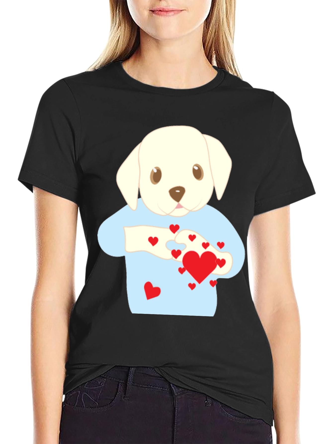 Black Puppy Love T-Shirt - Heart Puzzle Graphic Tee view 2