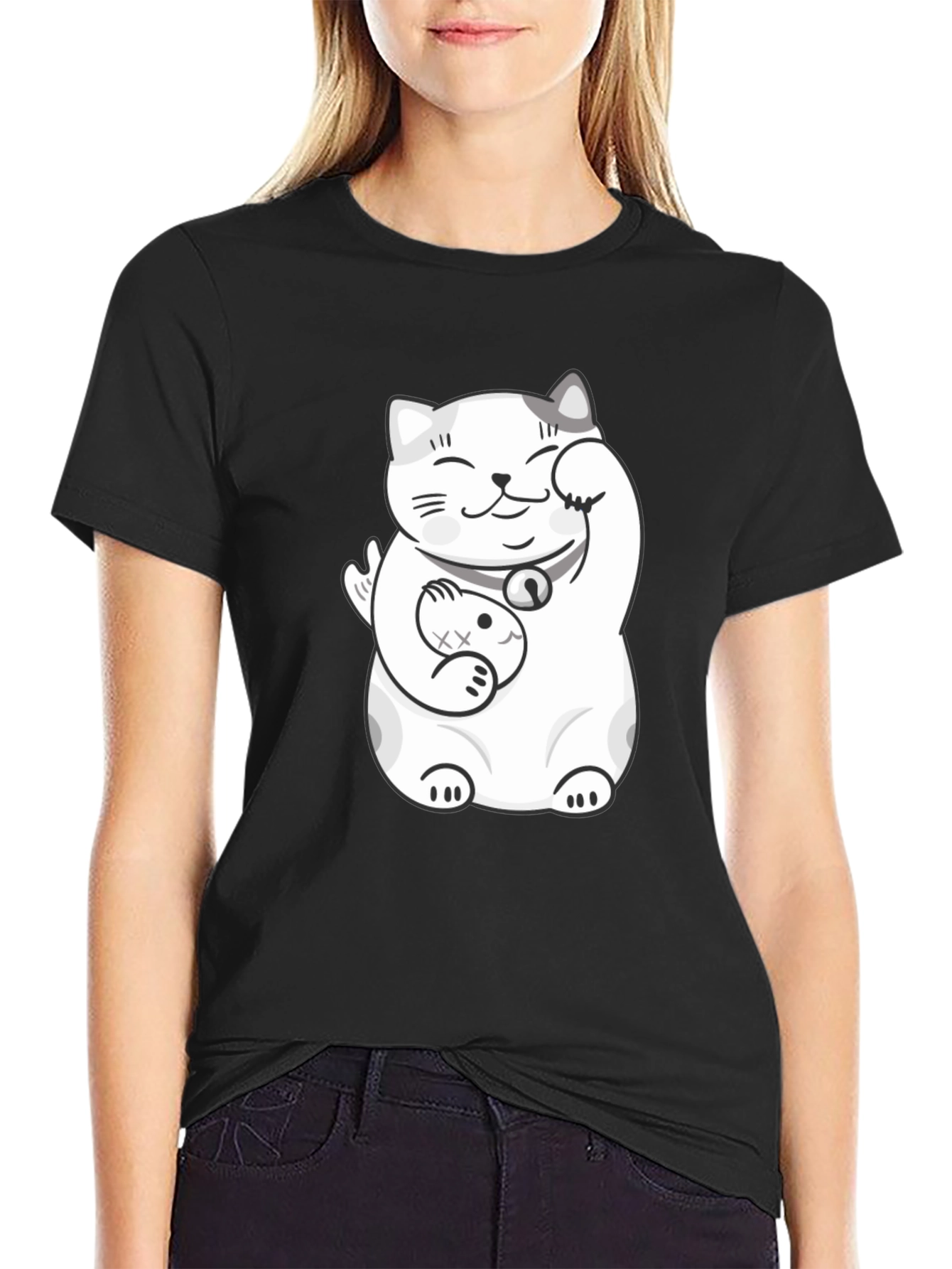 Black Lucky Cat T-Shirt - Black Graphic Tee view 2