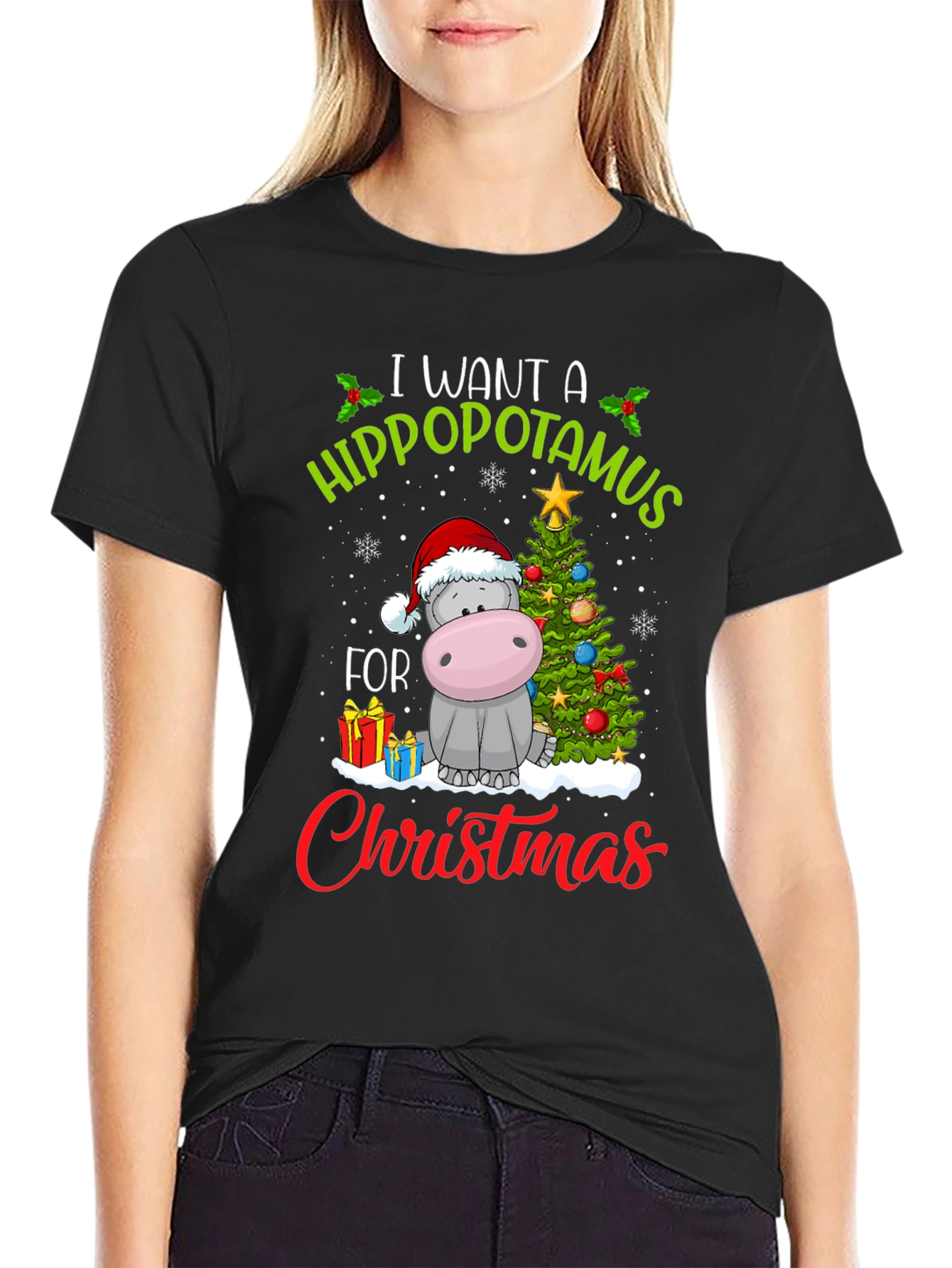 Black Hippo Christmas T-Shirt view 2