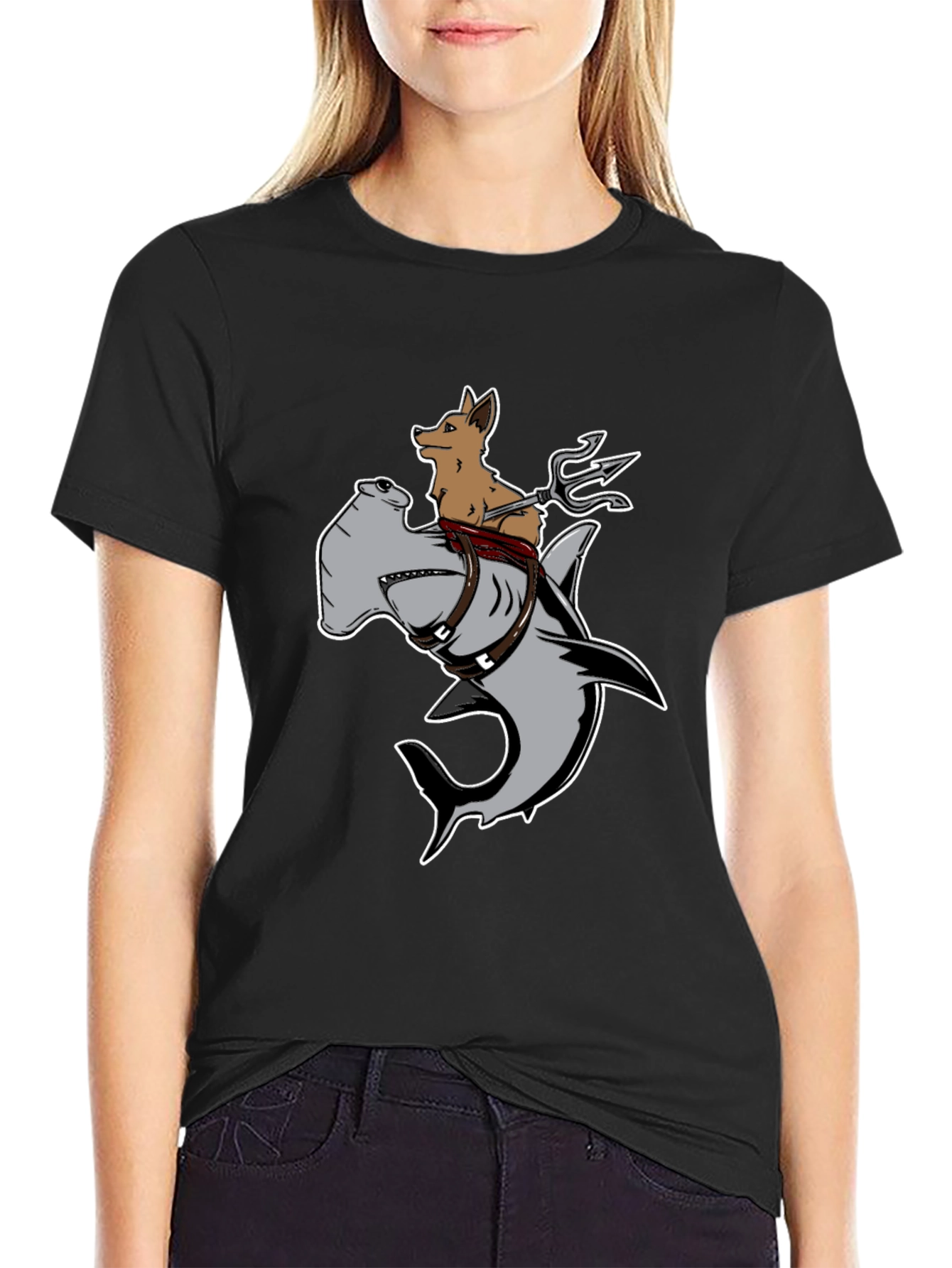 Black Dog Riding Hammerhead Shark T-Shirt - Funny Graphic Tee view 2