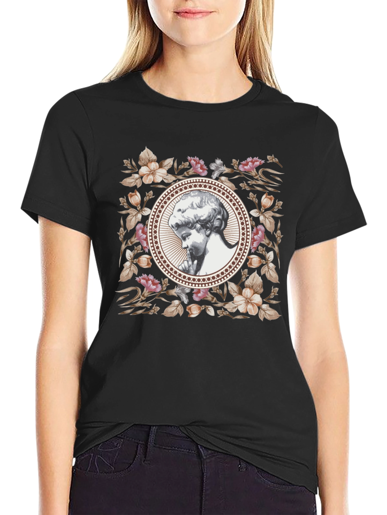 Black Floral Angel Graphic T-Shirt - Black view 2