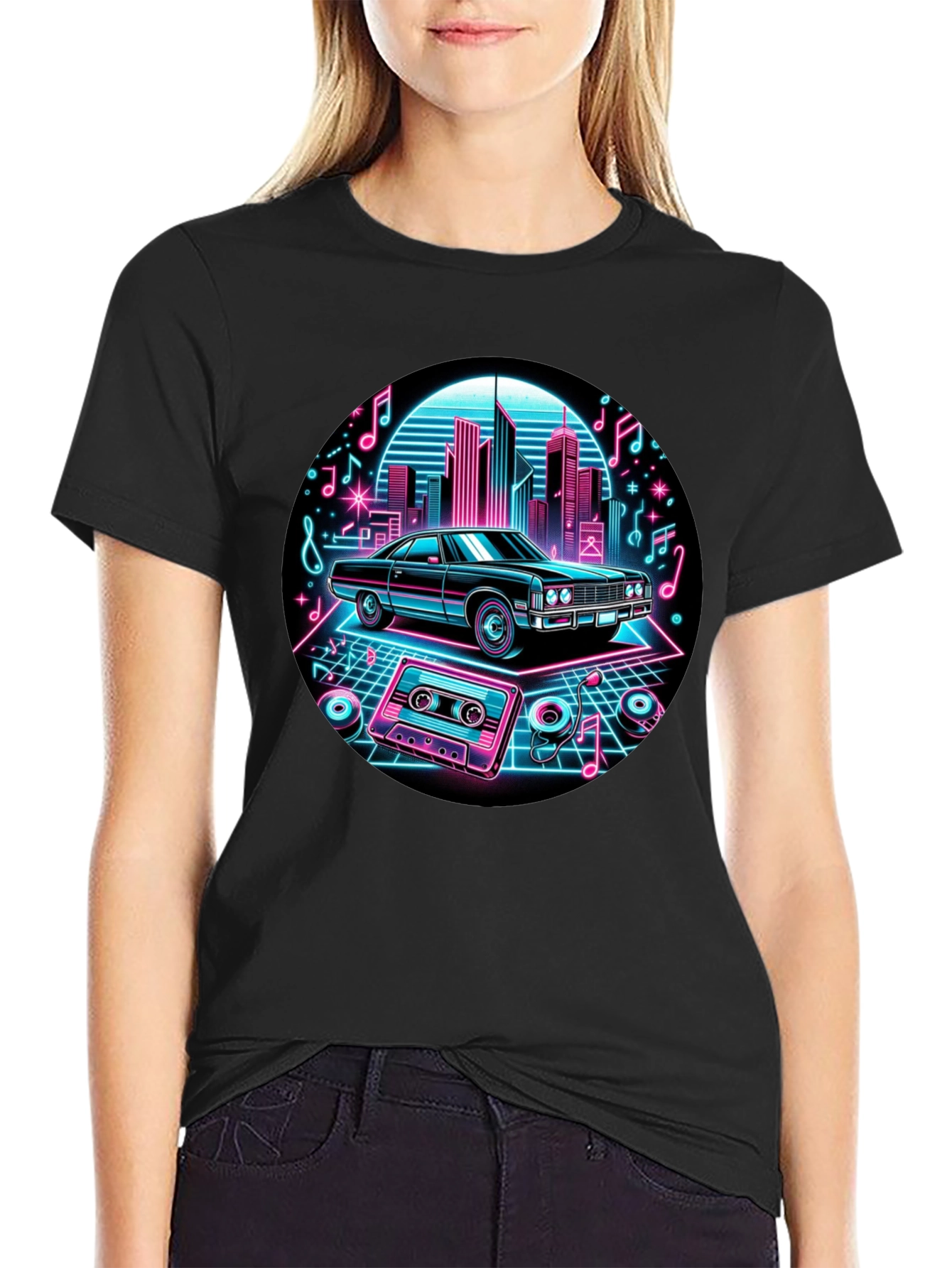 Black Retro Car T-Shirt - Neon Cityscape Design view 2