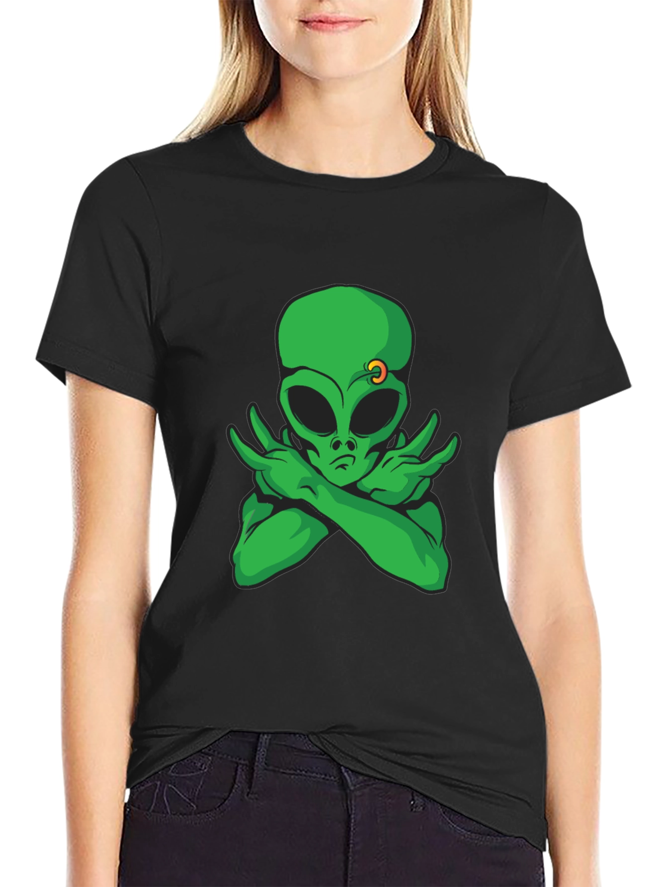 Black Cool Alien Graphic Tee - Black Cotton T-Shirt view 2