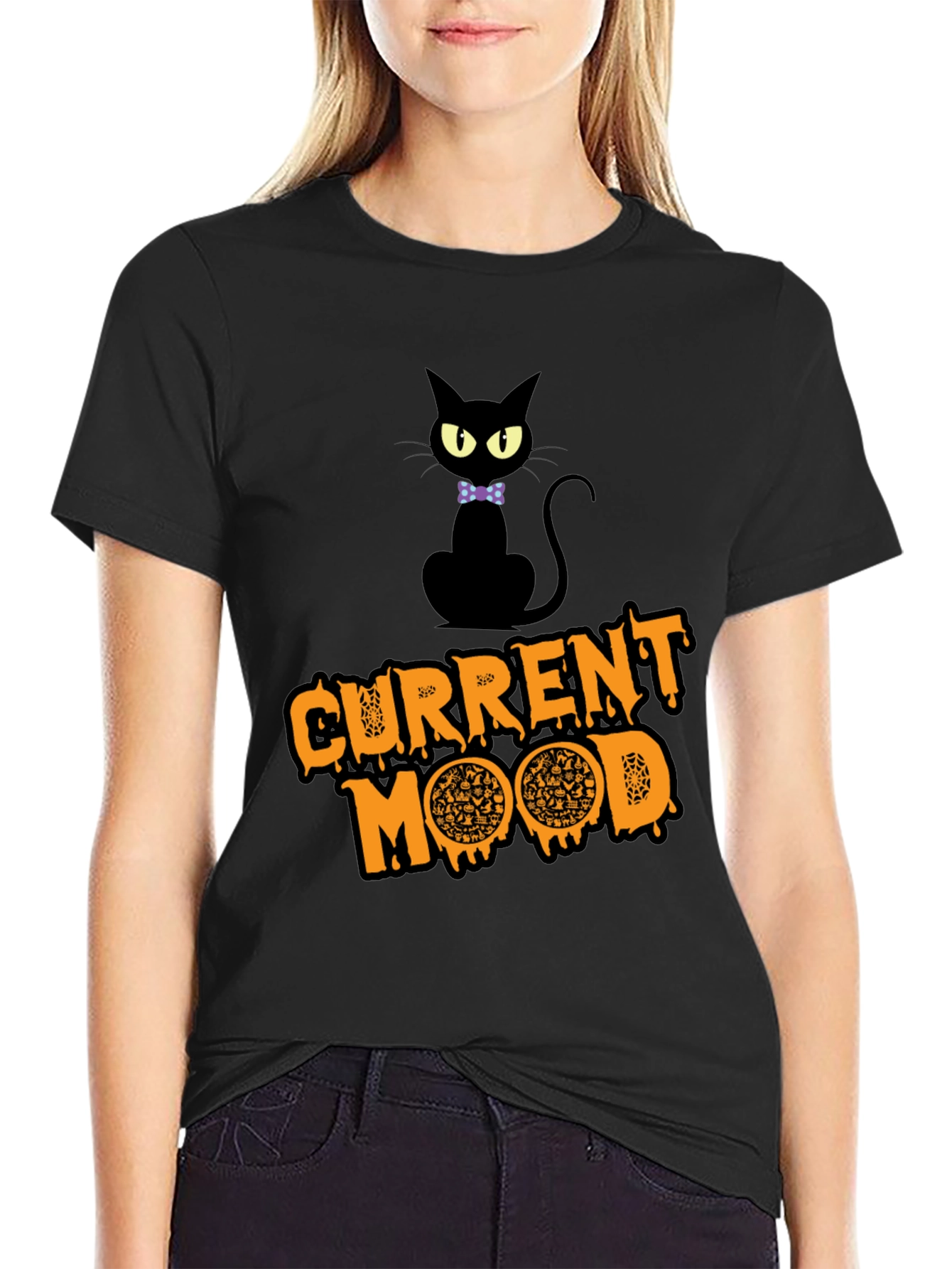 Black Current Mood Pizza Cat T-Shirt view 2