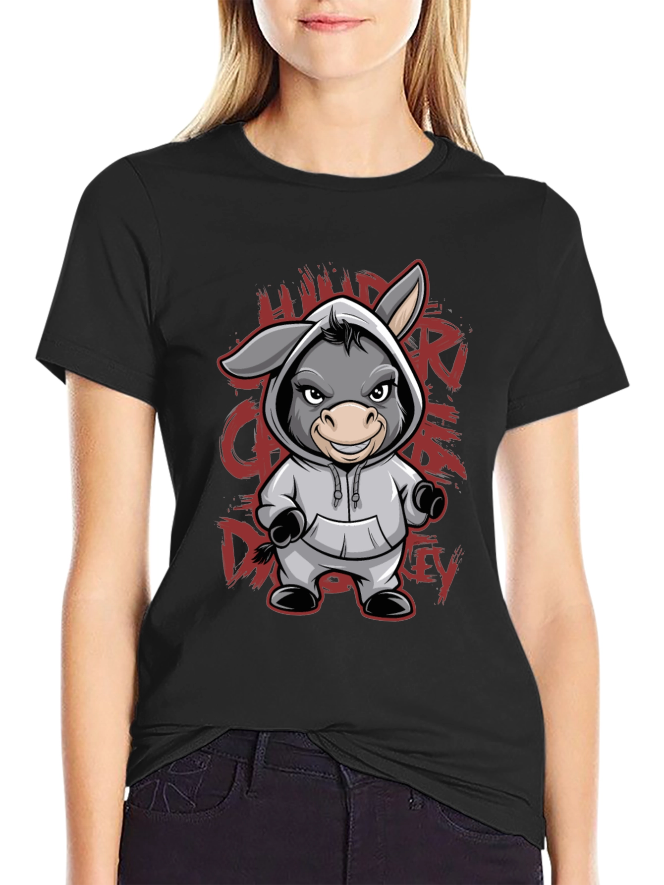 Black Hooded Donkey T-Shirt - Funny Animal Graphic Tee view 2