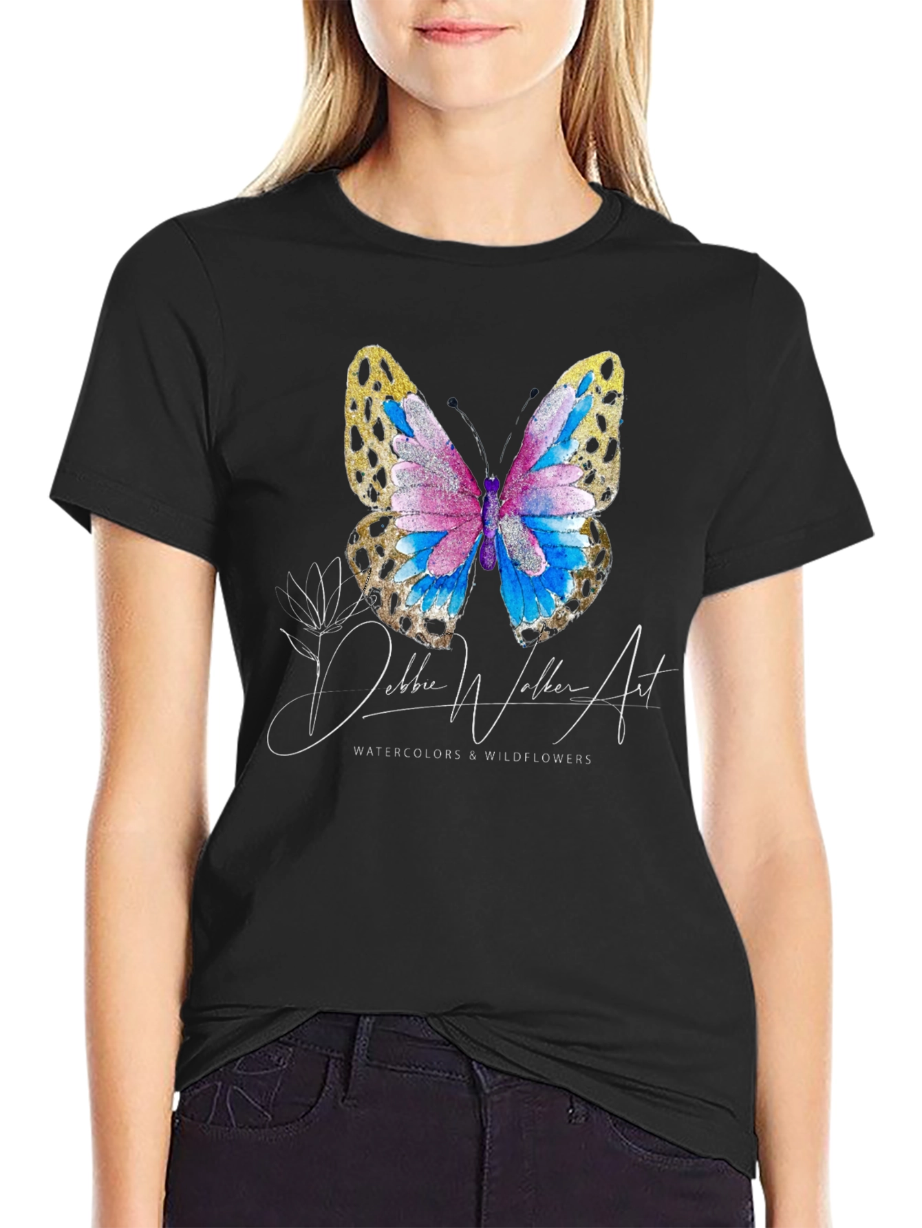 Black Butterfly Watercolor T-Shirt - Nature Inspired Art Tee view 2