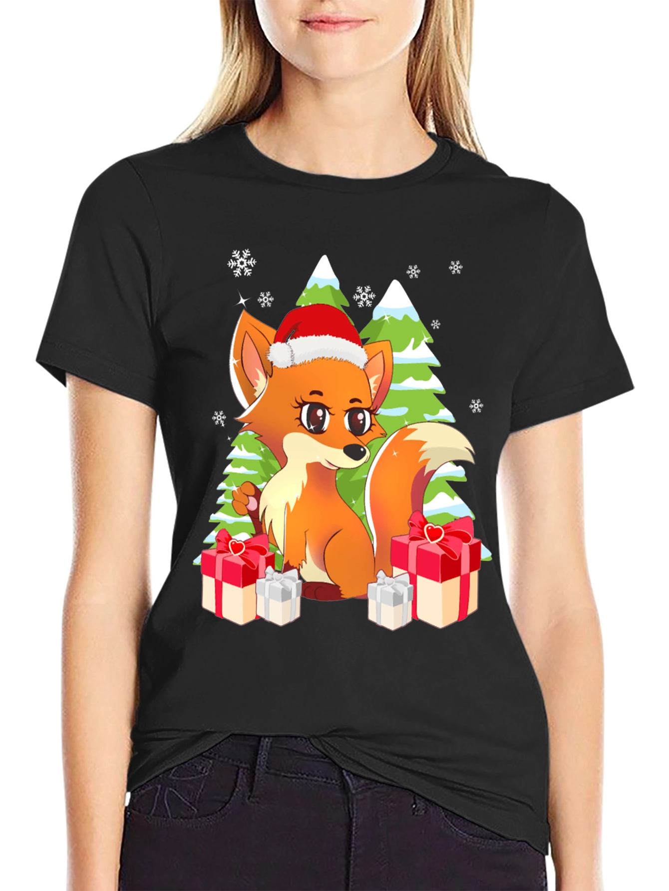Black Festive Fox Graphic Tee - Holiday Gift view 2