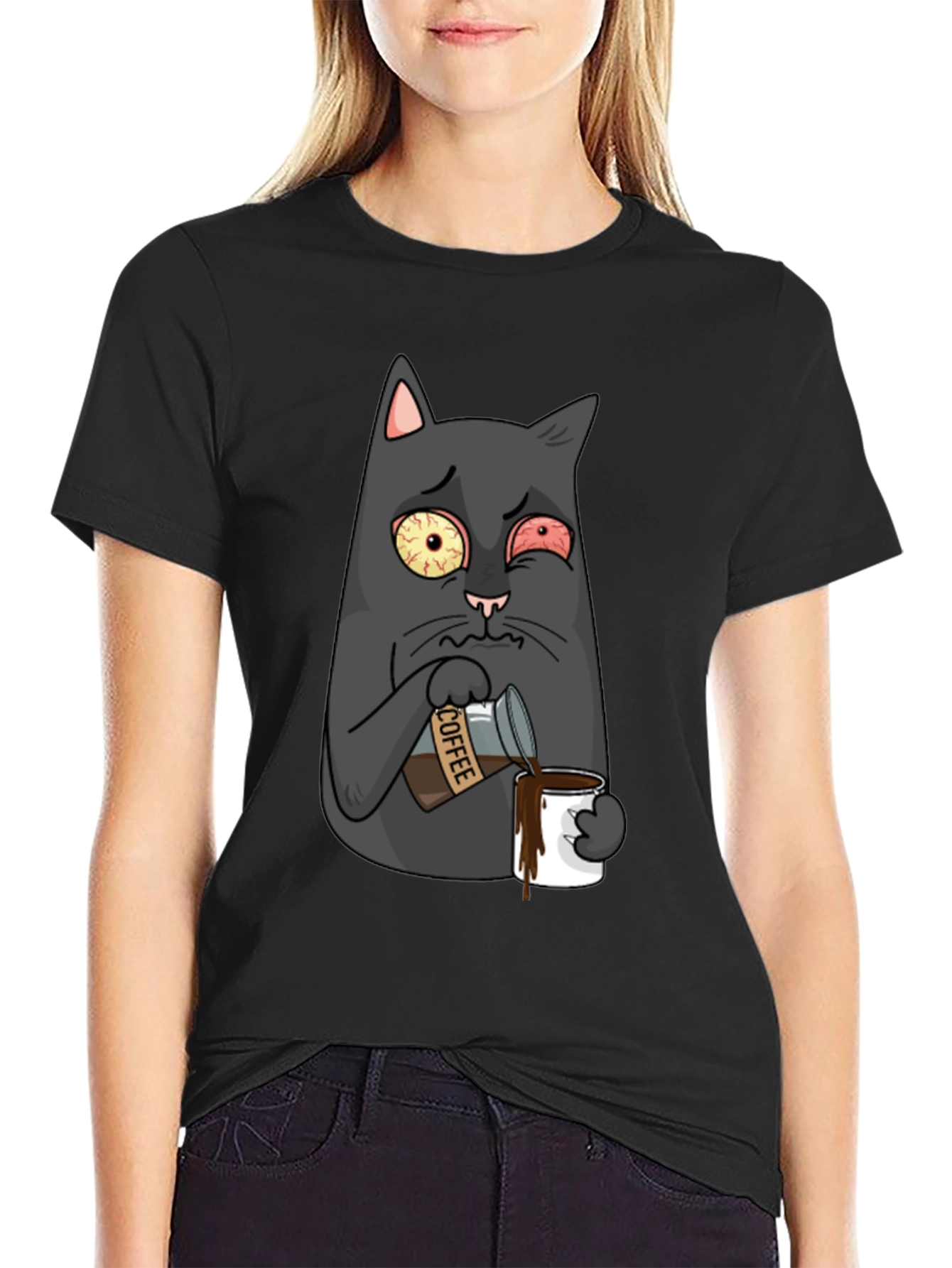 Black Coffee Cat T-Shirt - Funny Cartoon Graphic Tee view 2