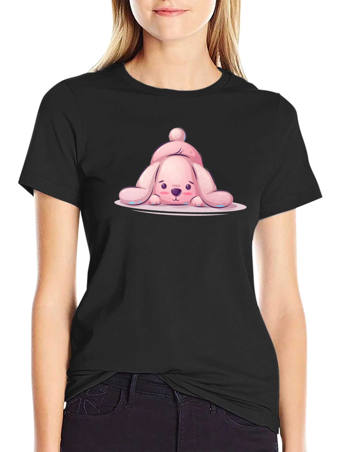 Black Cute Pink Bunny T-Shirt view 2