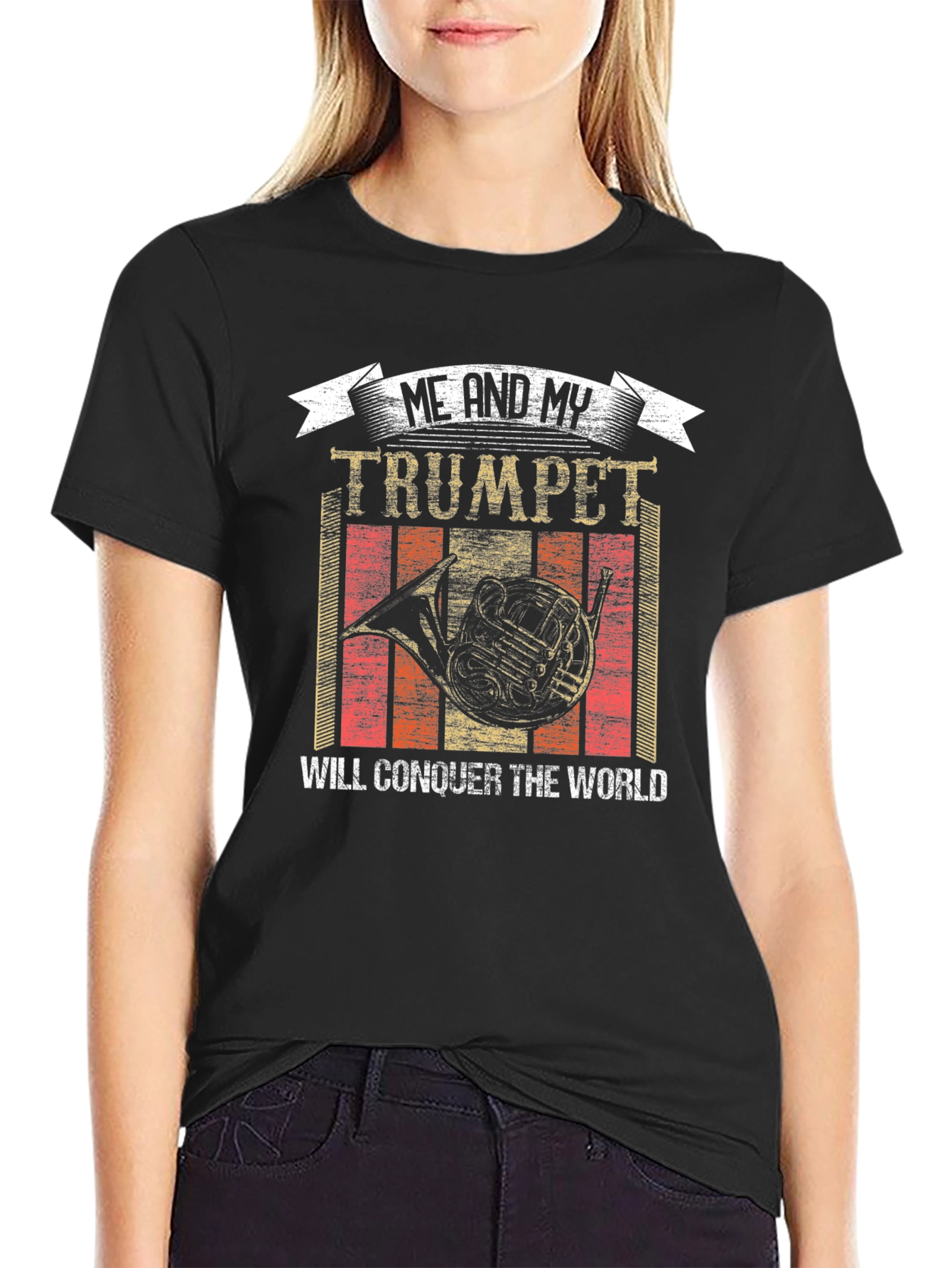 Black Trumpet Conquer World T-Shirt for Music Lovers view 2