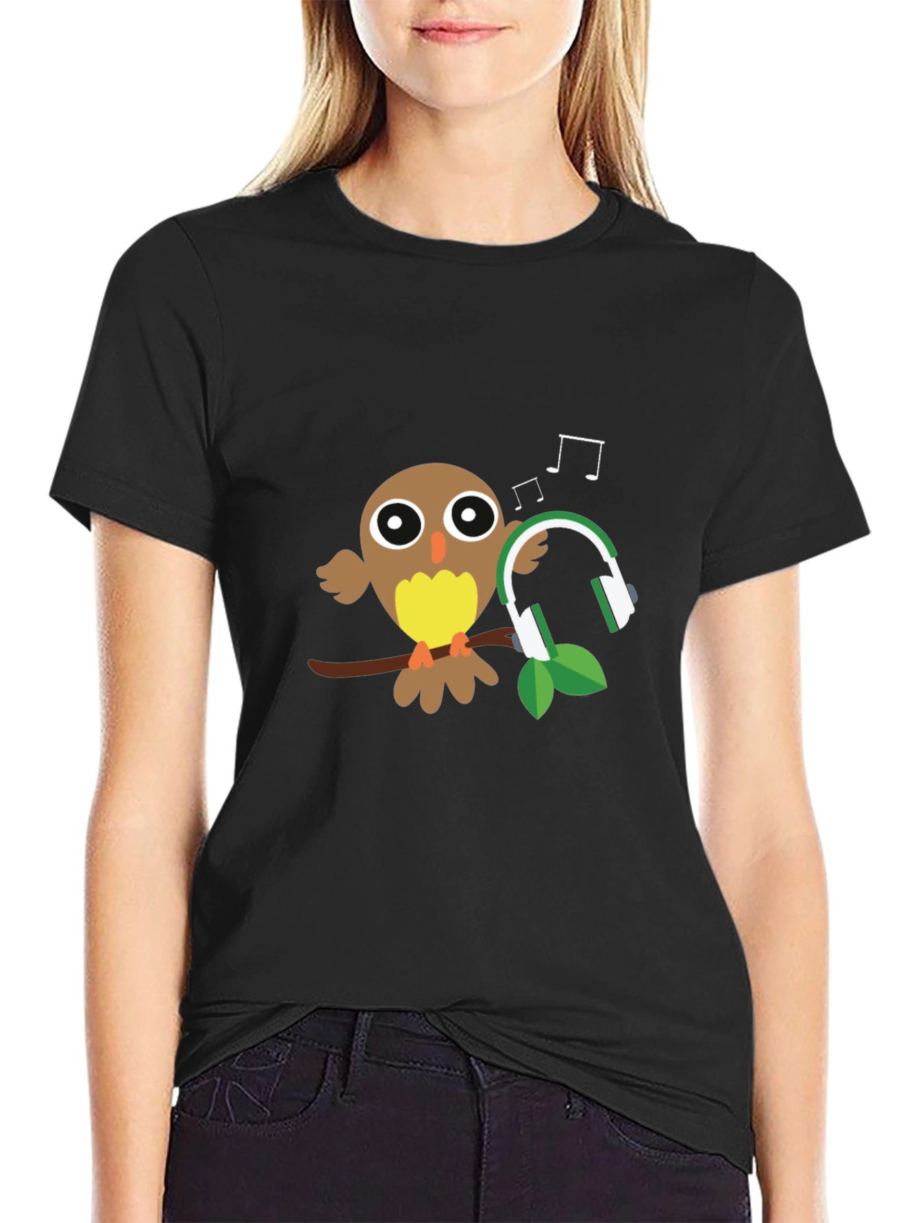 Black Owl with Headphones Graphic T-Shirt view 2