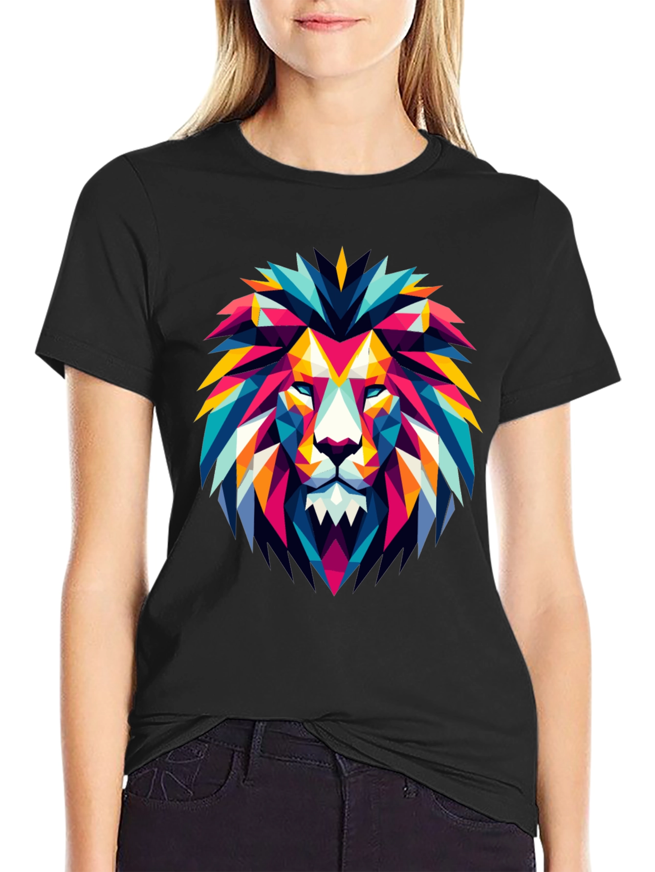 Black Geometric Lion Graphic Black T-Shirt view 2