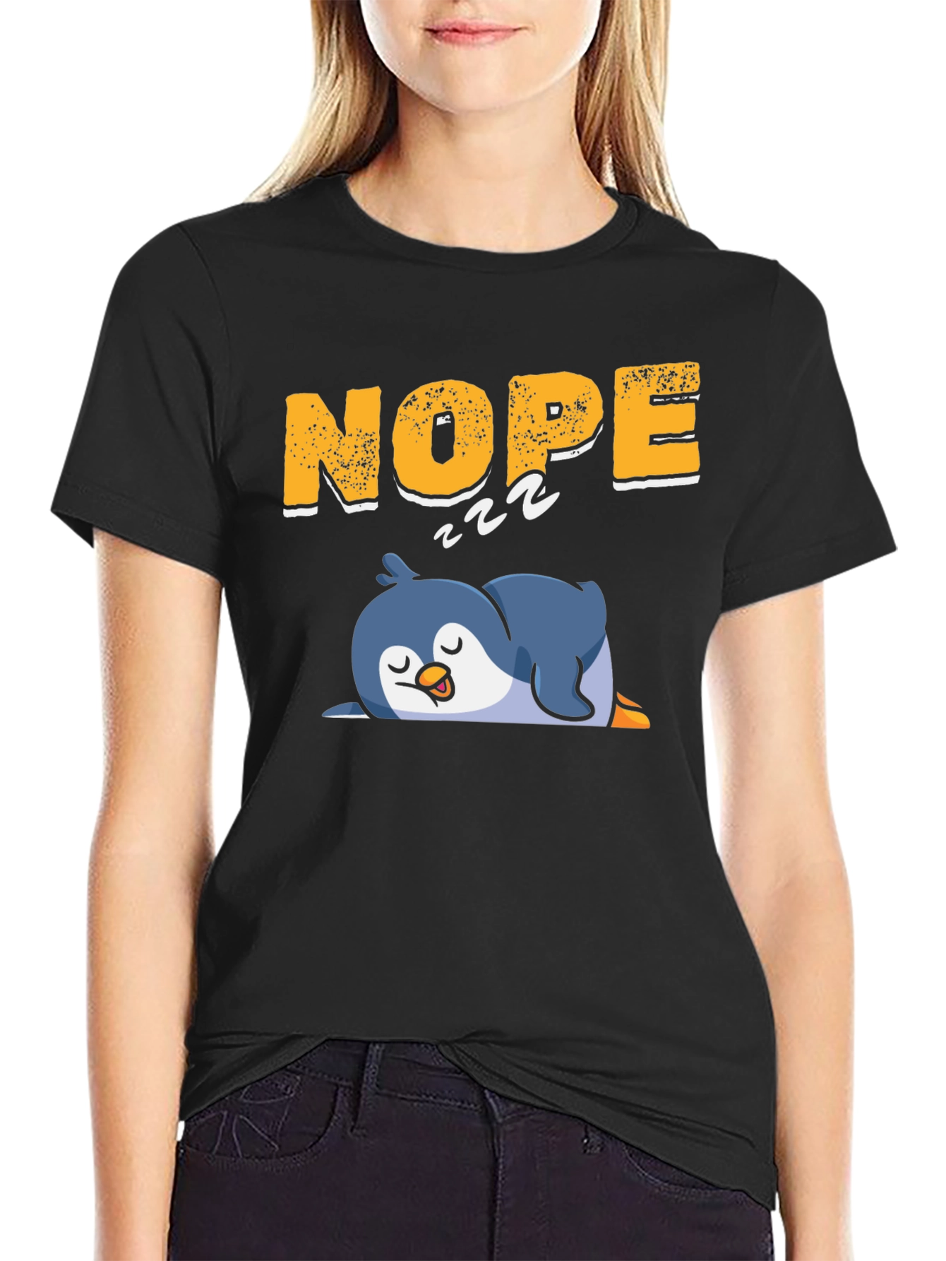 Black Nope Sleeping Penguin Black T-Shirt view 2