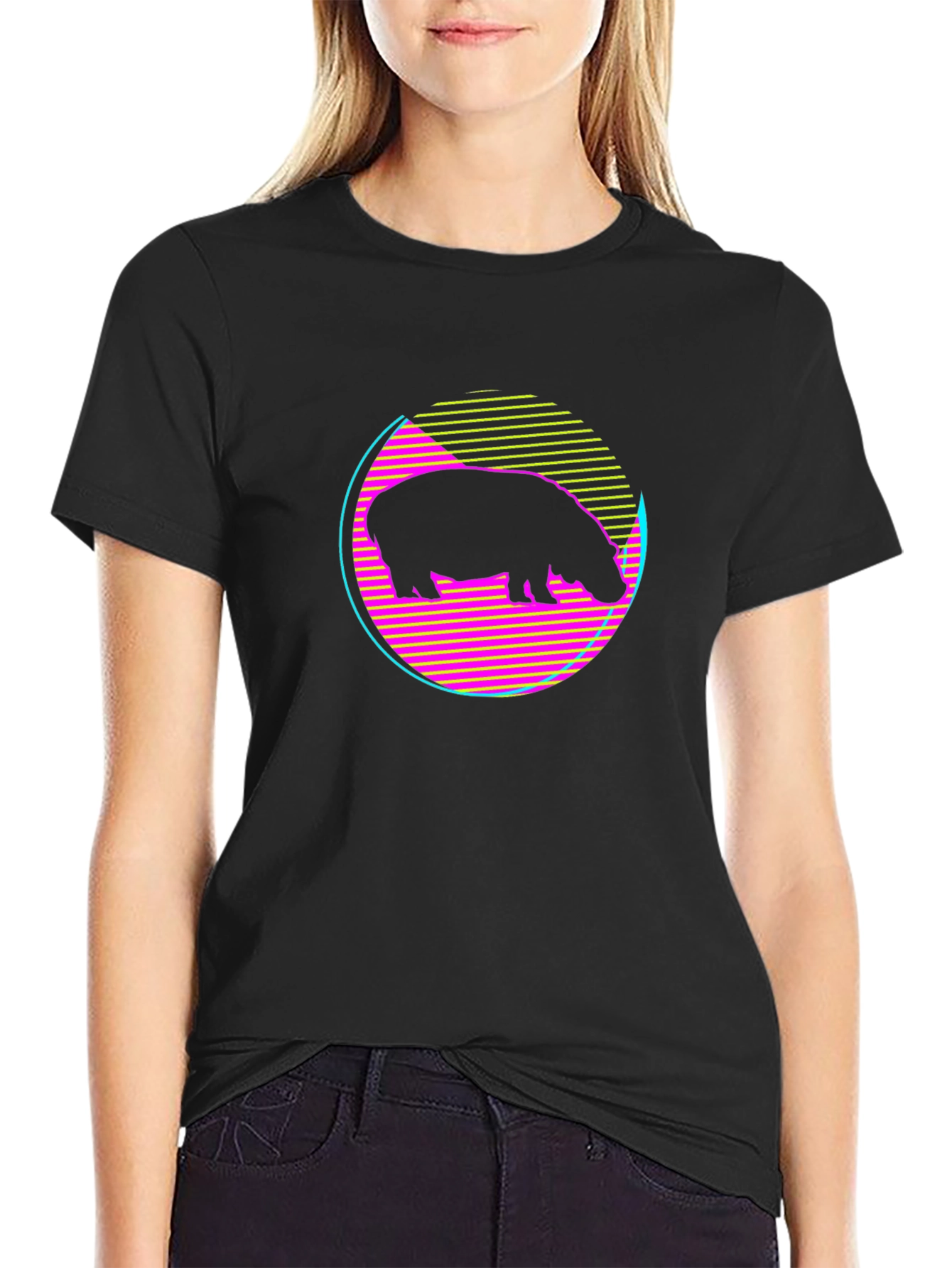 Black Retro Hippo T-Shirt - Black Graphic Tee view 2