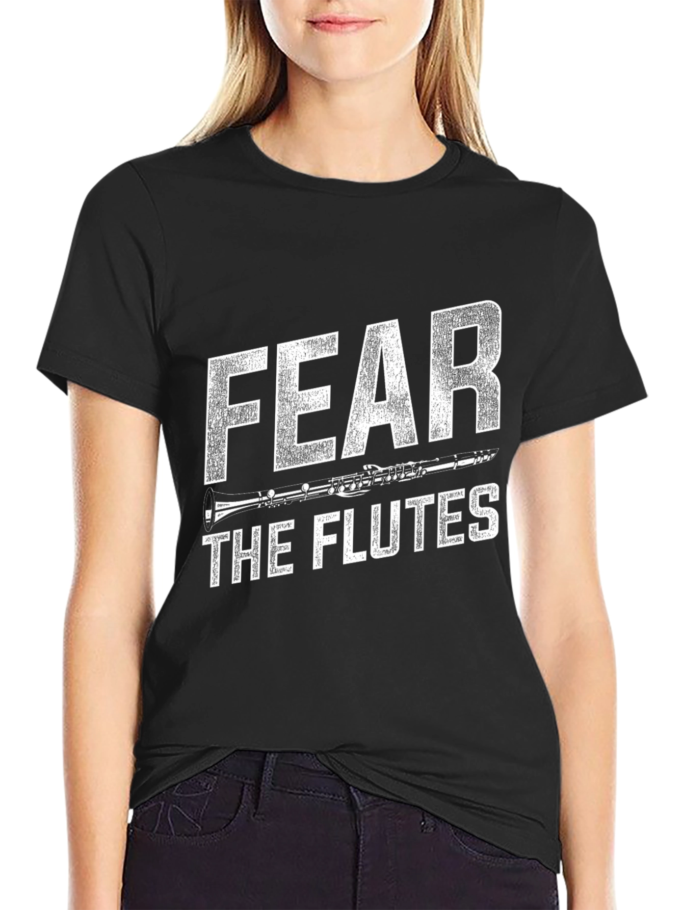Black Fear the Flutes Funny Music T-Shirt view 2