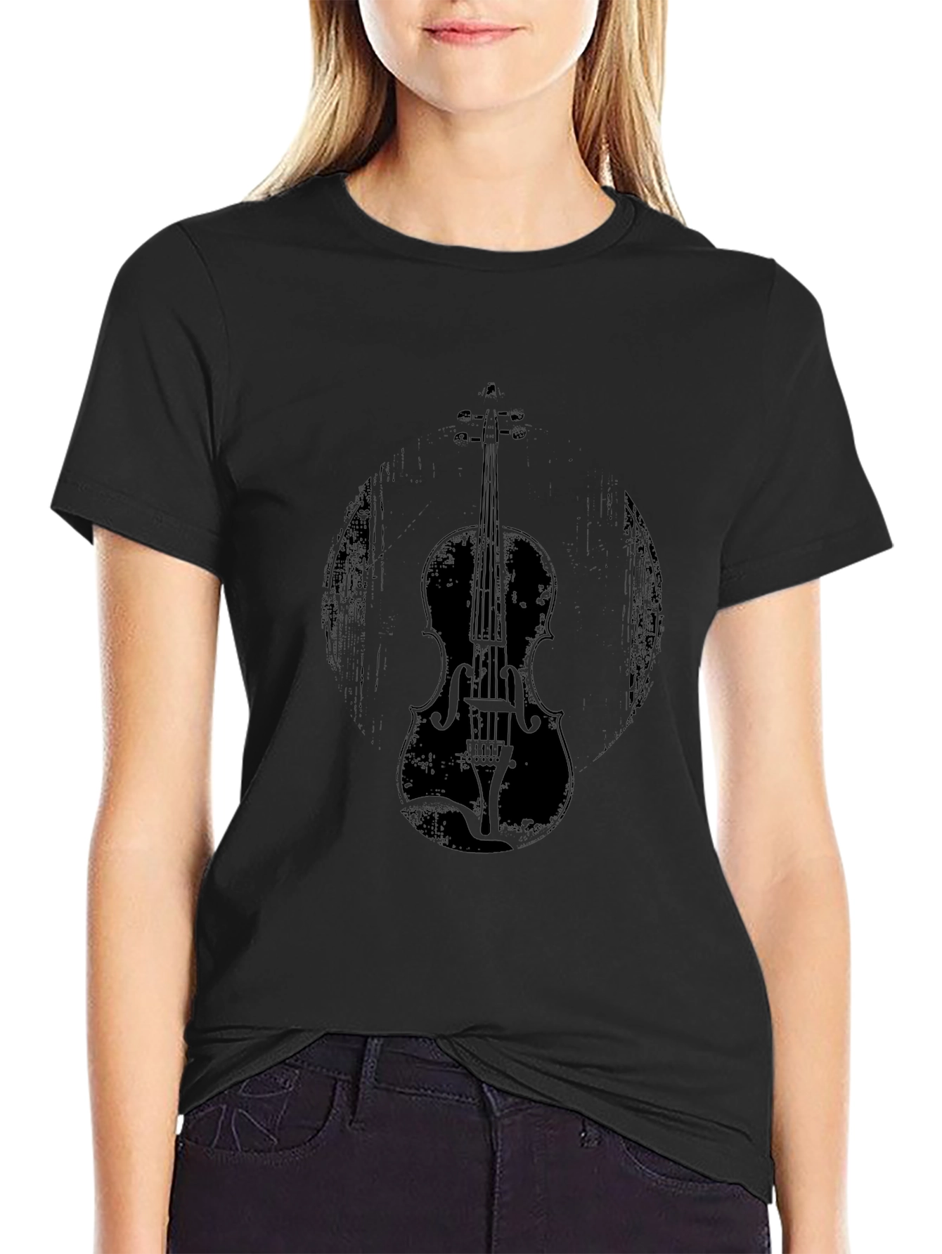 Black Vintage Violin Graphic Tee - Black Unisex Shirt view 2