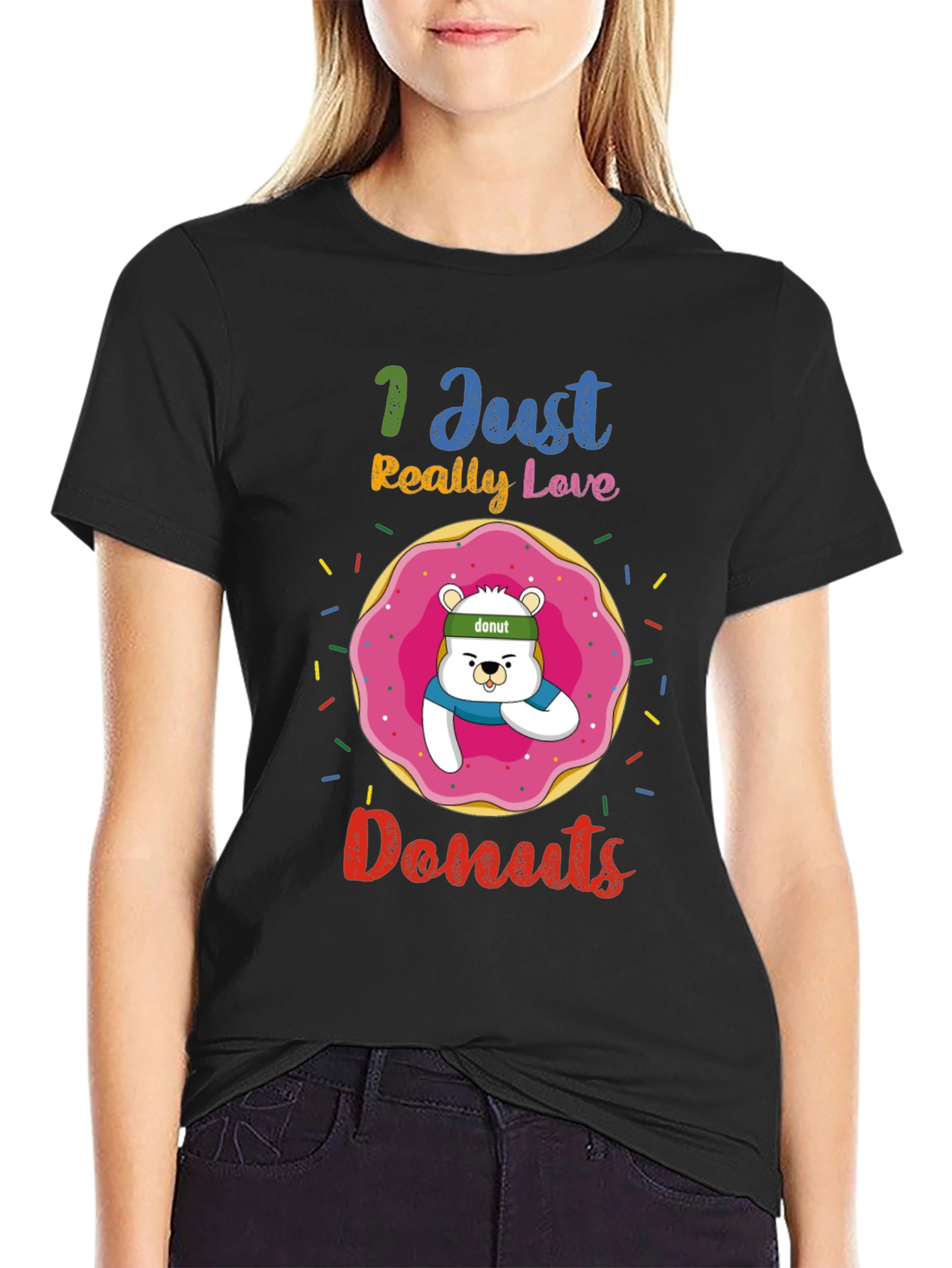 Black I Just Really Love Donuts Funny Graphic Tee view 2