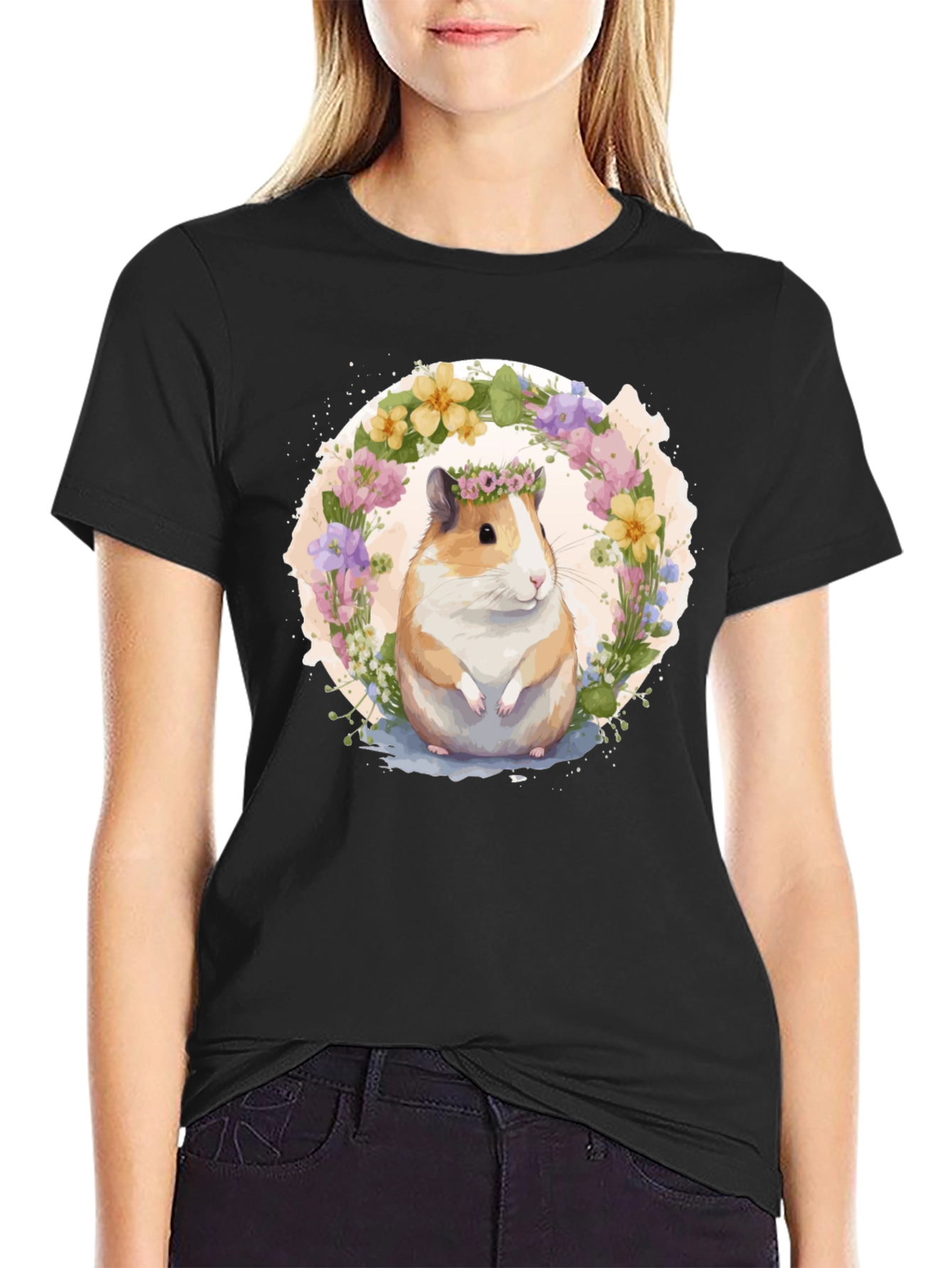 Black Guinea Pig Floral Wreath Graphic Tee view 2