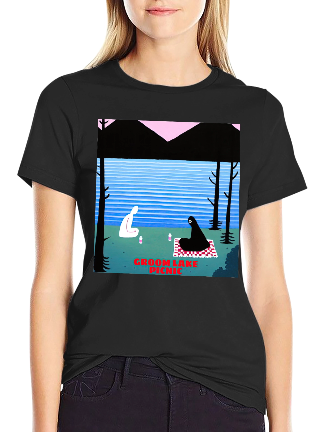Black Groom Lake Picnic Graphic T-Shirt - Unique Art Tee view 2
