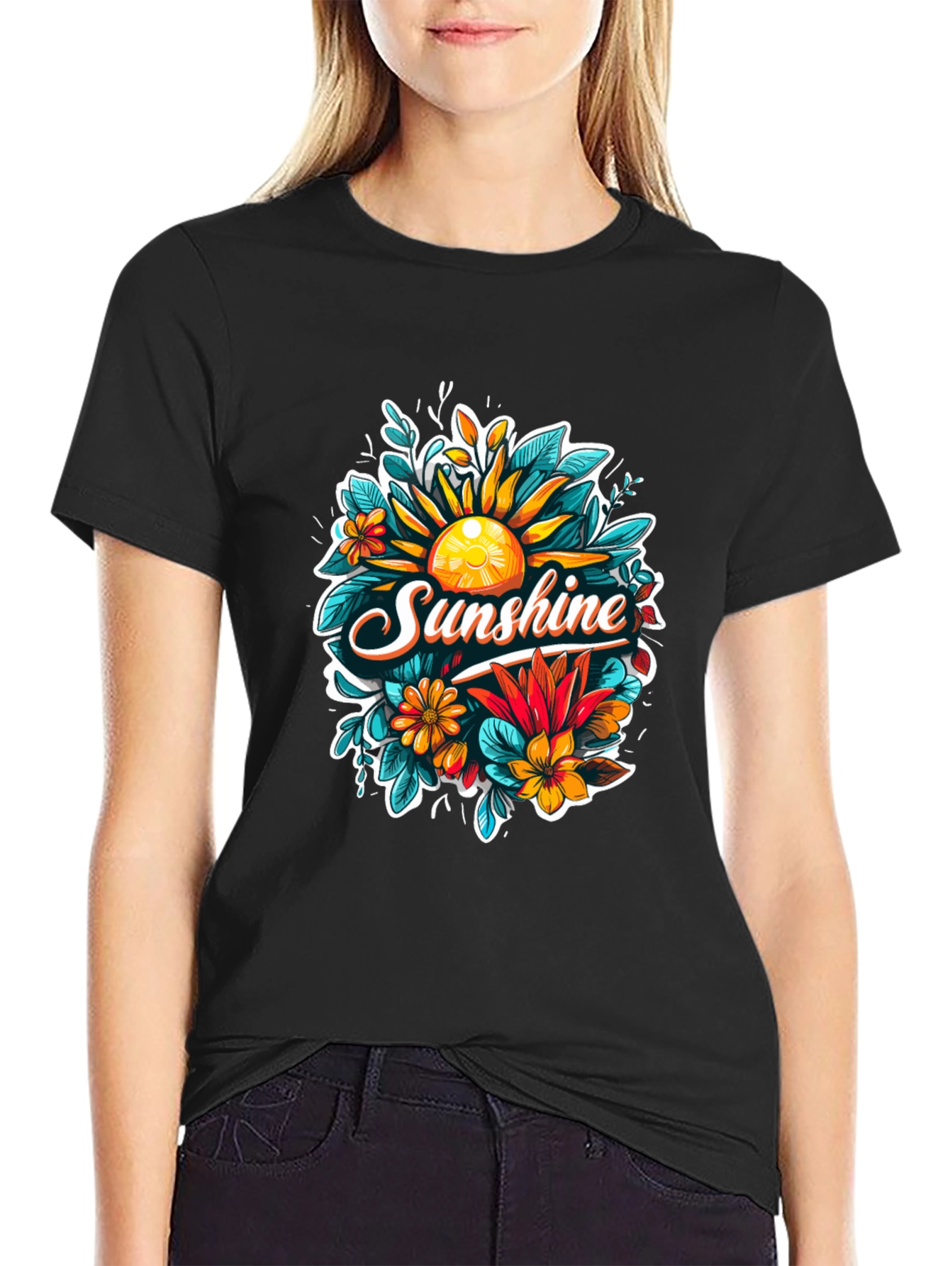 Black Sunshine Floral Graphic Tee - Black Cotton T-Shirt view 2
