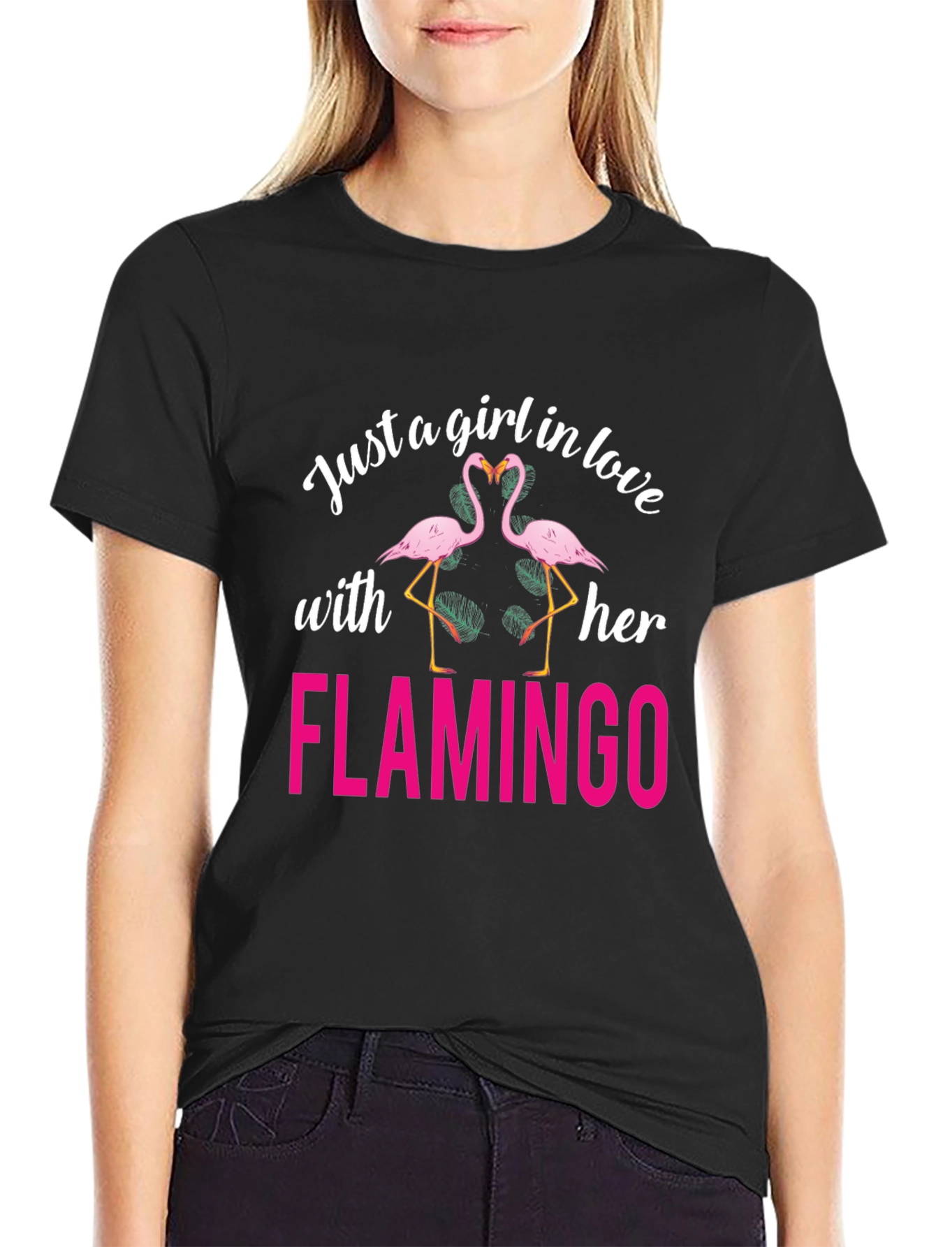 Black Just a Girl in Love with Her Flamingo T-Shirt view 2
