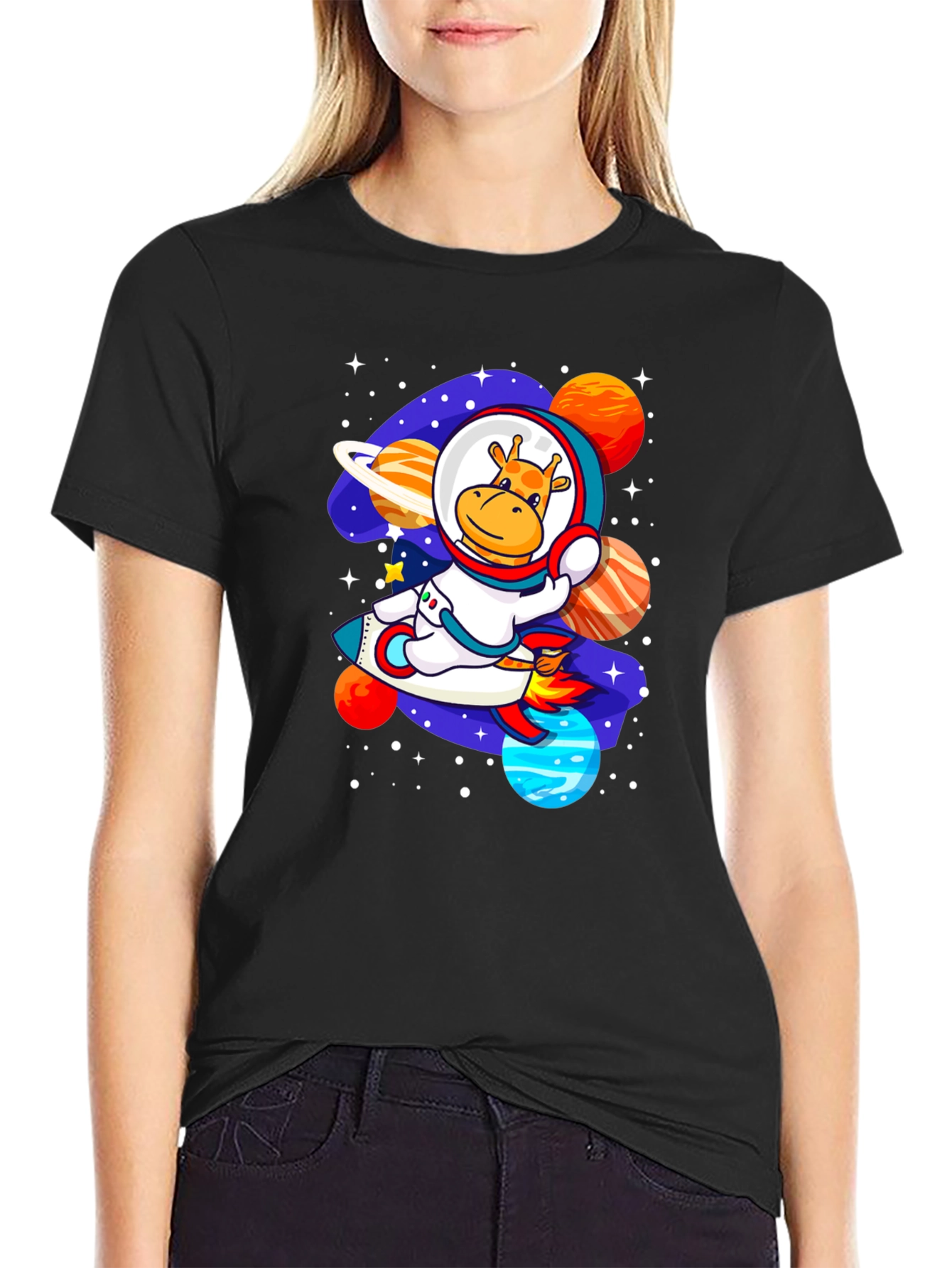 Black Giraffe Astronaut T-Shirt - Space Adventure Design view 2