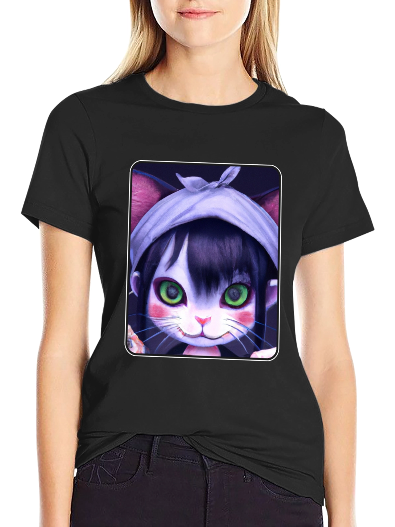 Black Anime Cat Girl T-Shirt - Unique Graphic Tee view 2