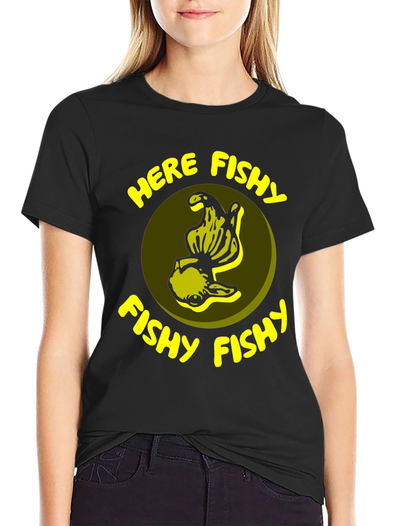 Black Here Fishy Fishy T-Shirt - Funny Fishing Tee view 2