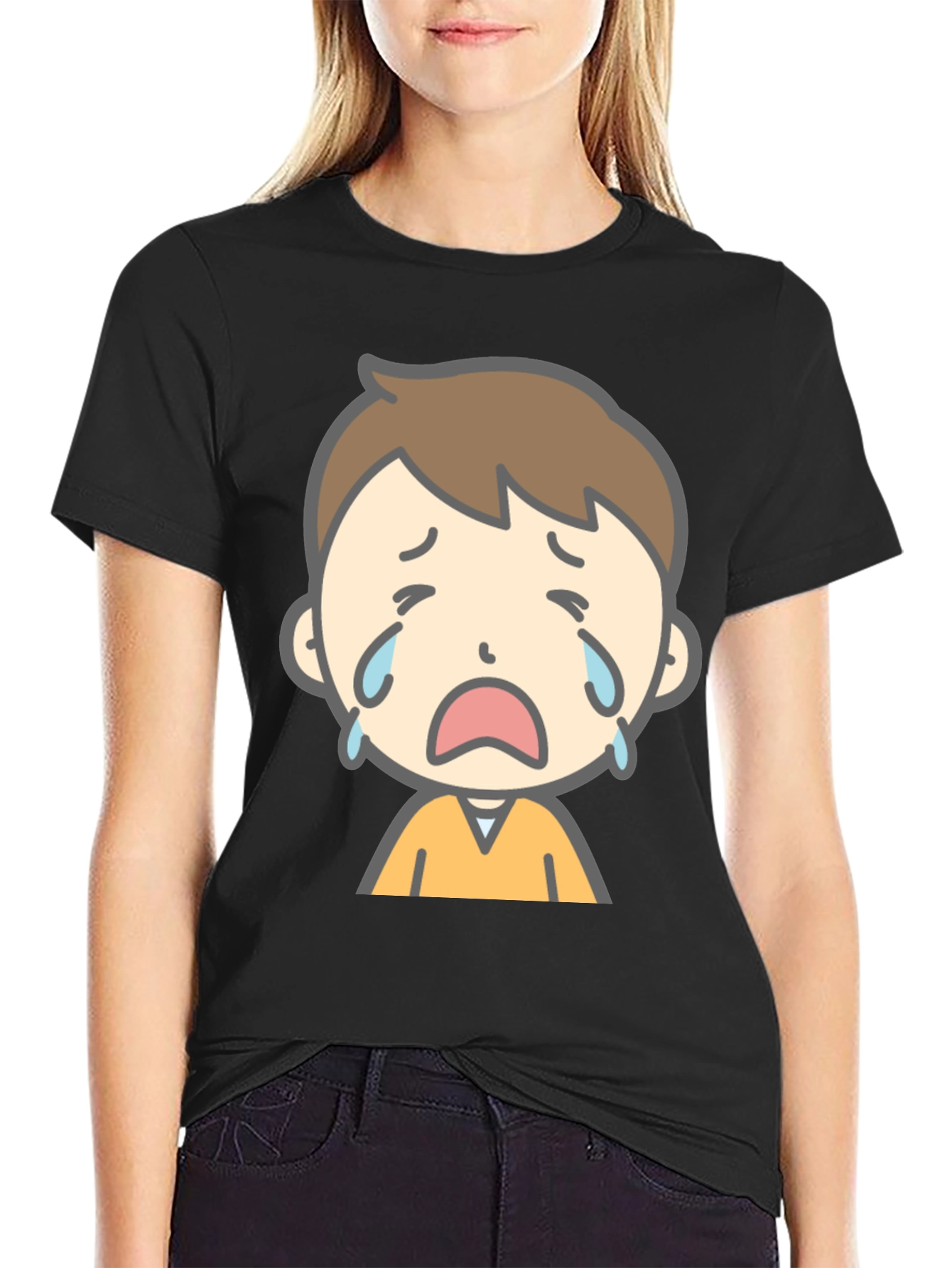 Black Sad Cartoon Boy Graphic T-Shirt view 2