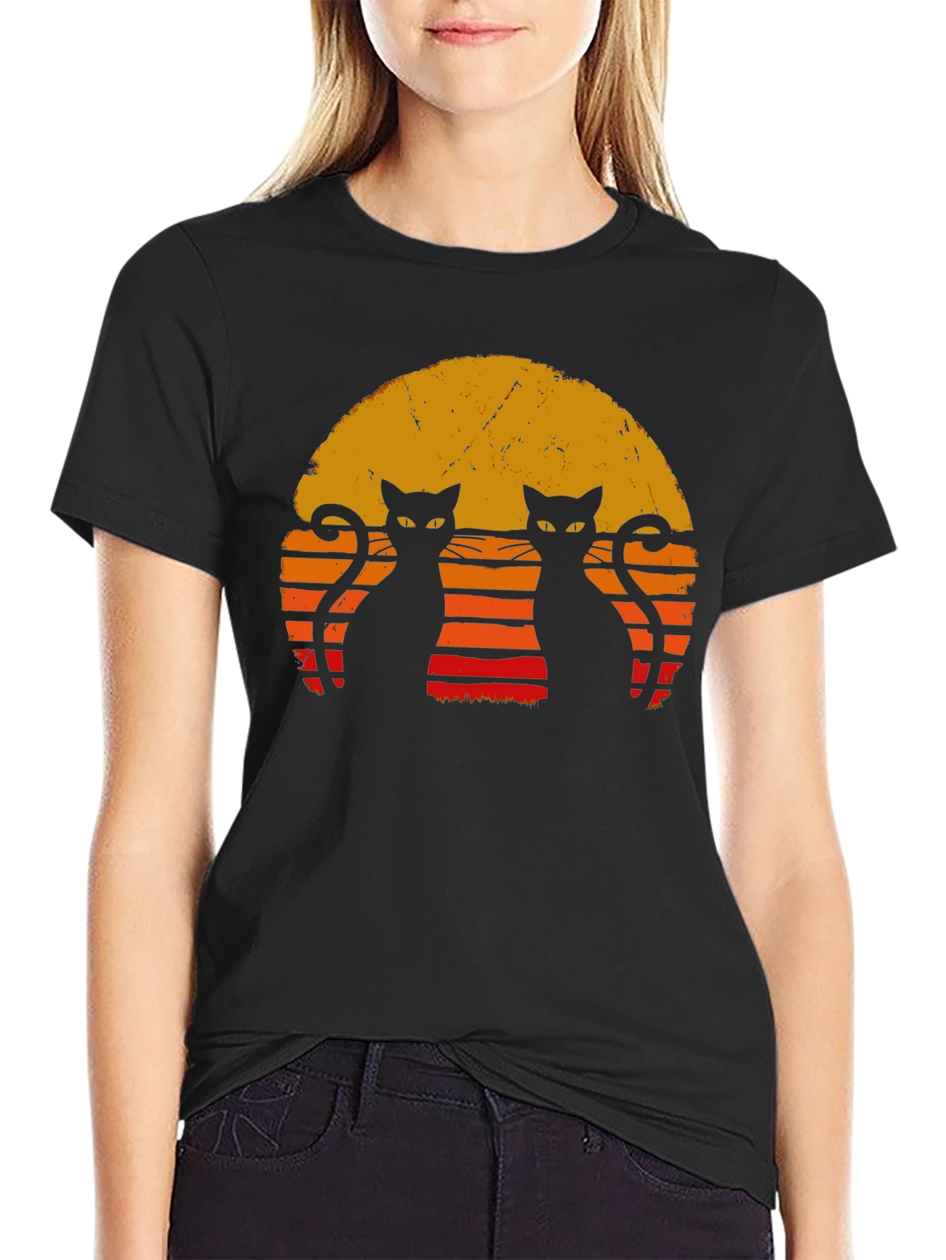 Black Retro Cat Sunset T-Shirt - Black view 2
