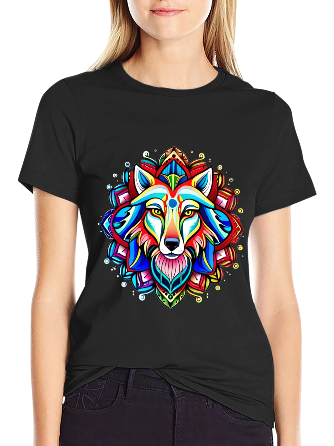 Black Vibrant Wolf Mandala Graphic Tee view 2