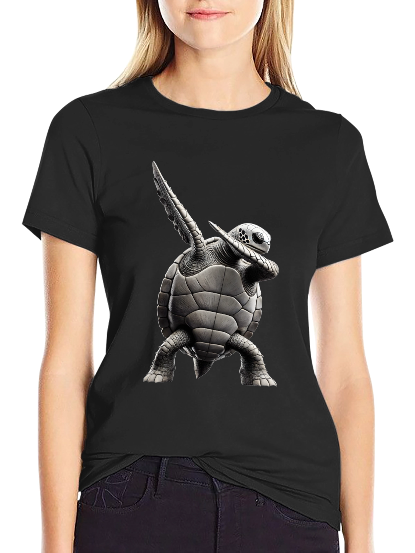 Black Dabbing Turtle Graphic T-Shirt - Black Cotton Tee view 2